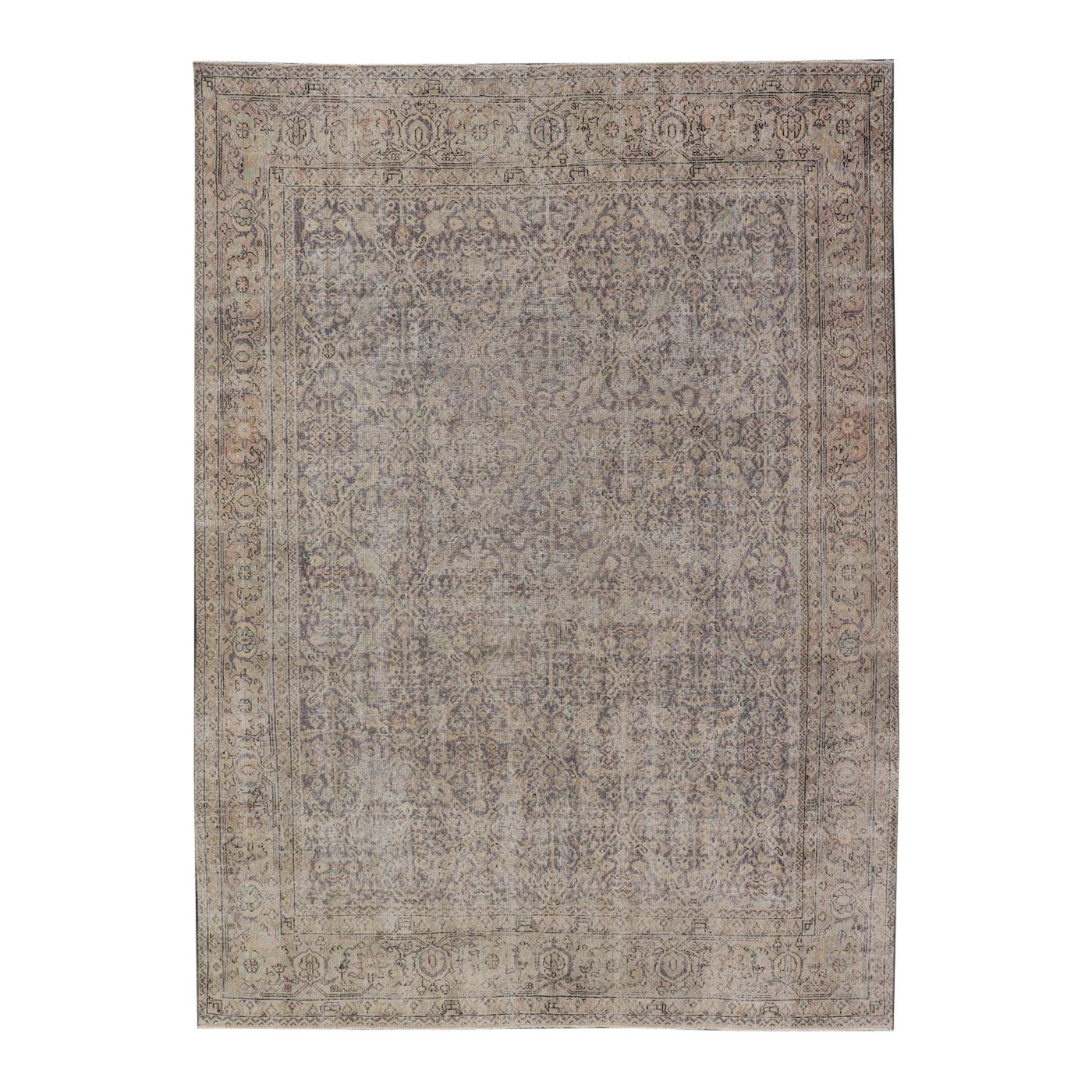 All-Over Vintage Turkish Distressed Rug in Cream, Lavender, Taupe, and Green For Sale