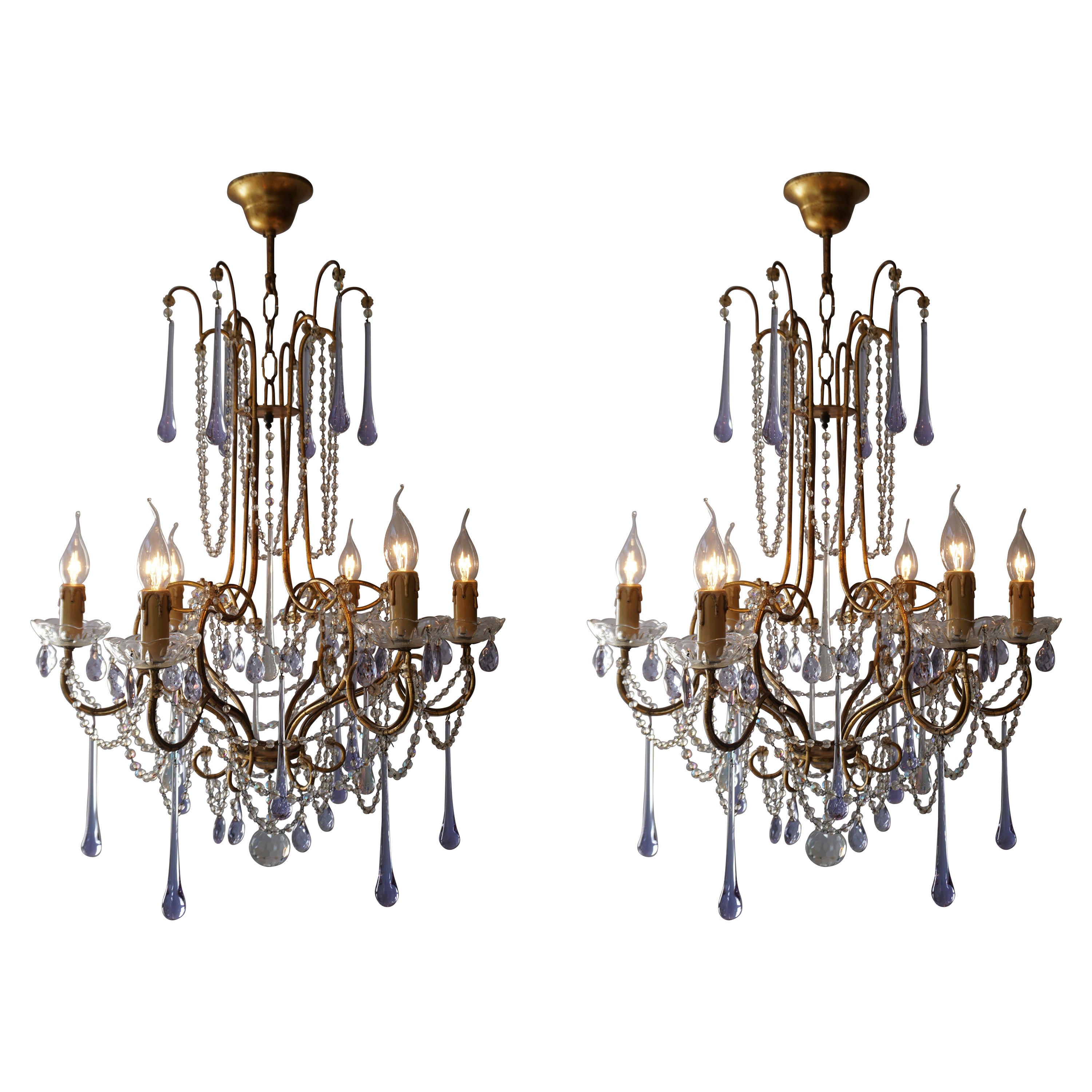 Pair of French Brass Chandeliers with Glass Teardrops For Sale