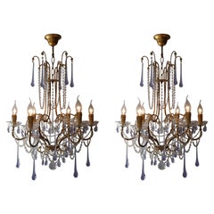 Pair of French Brass Chandeliers with Glass Teardrops