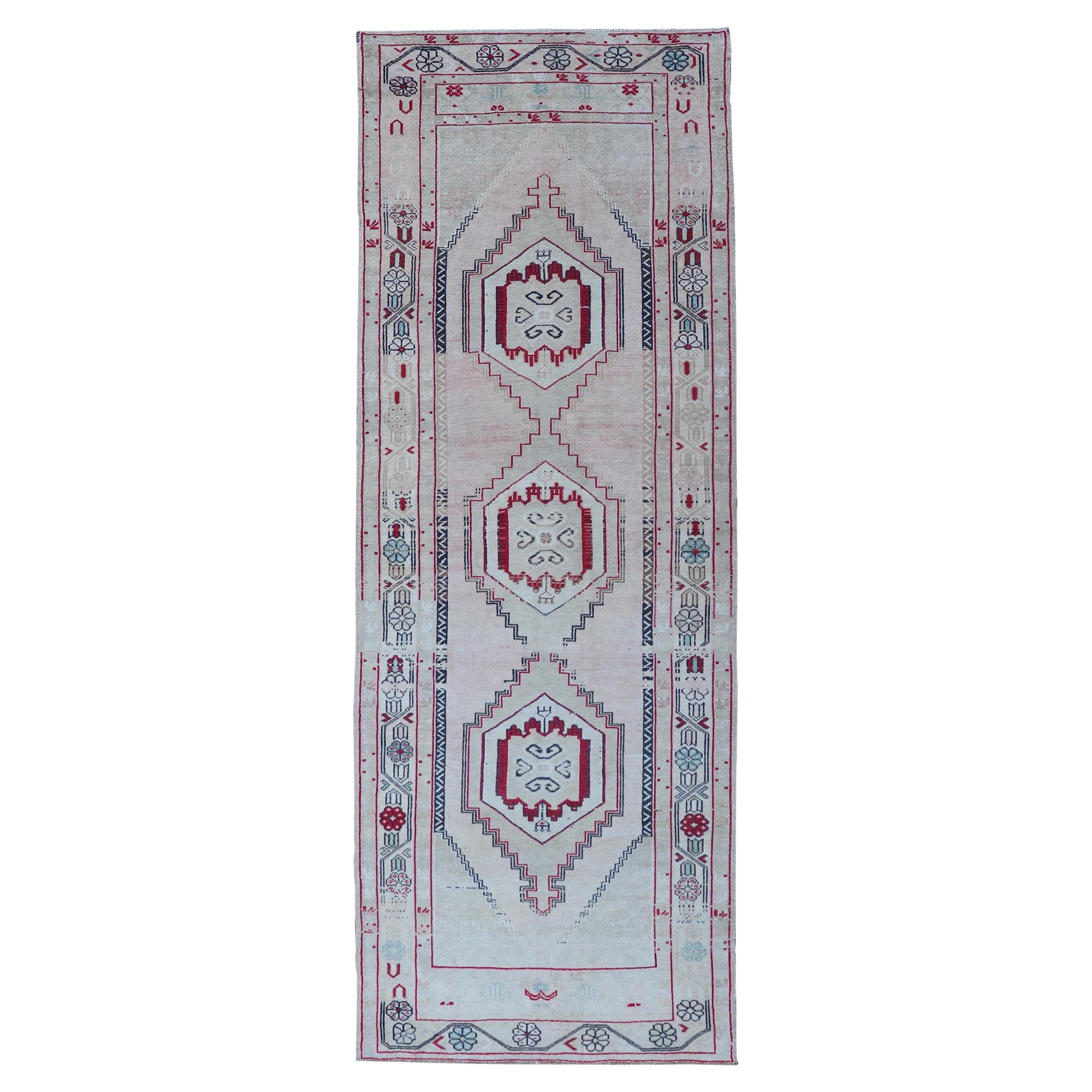 Vintage Turkish Oushak Runner in Cream, Dark Blue, Pink and Red For Sale