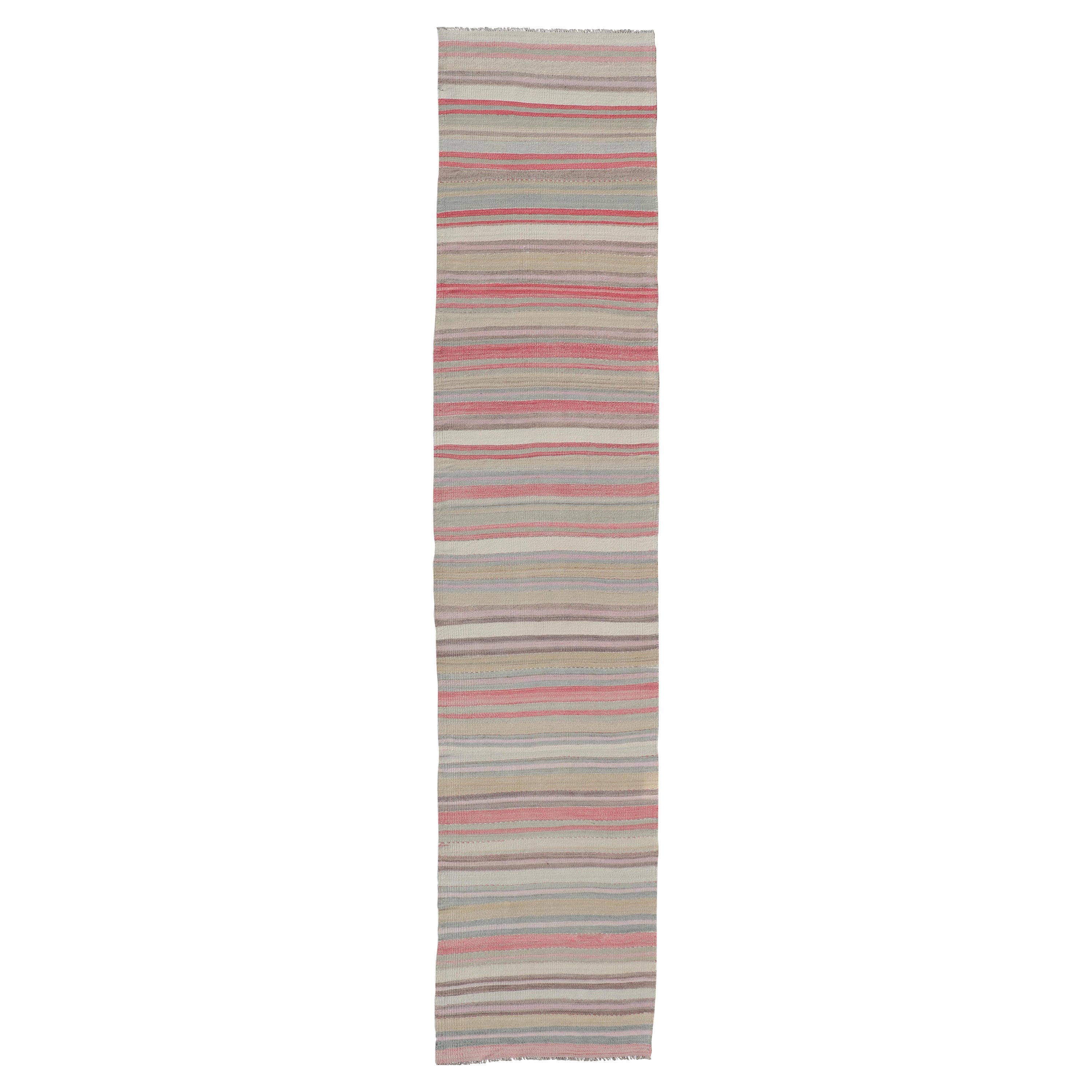 Tapis de couloir Kilim turc vintage coloré avec rayures et multicolores 