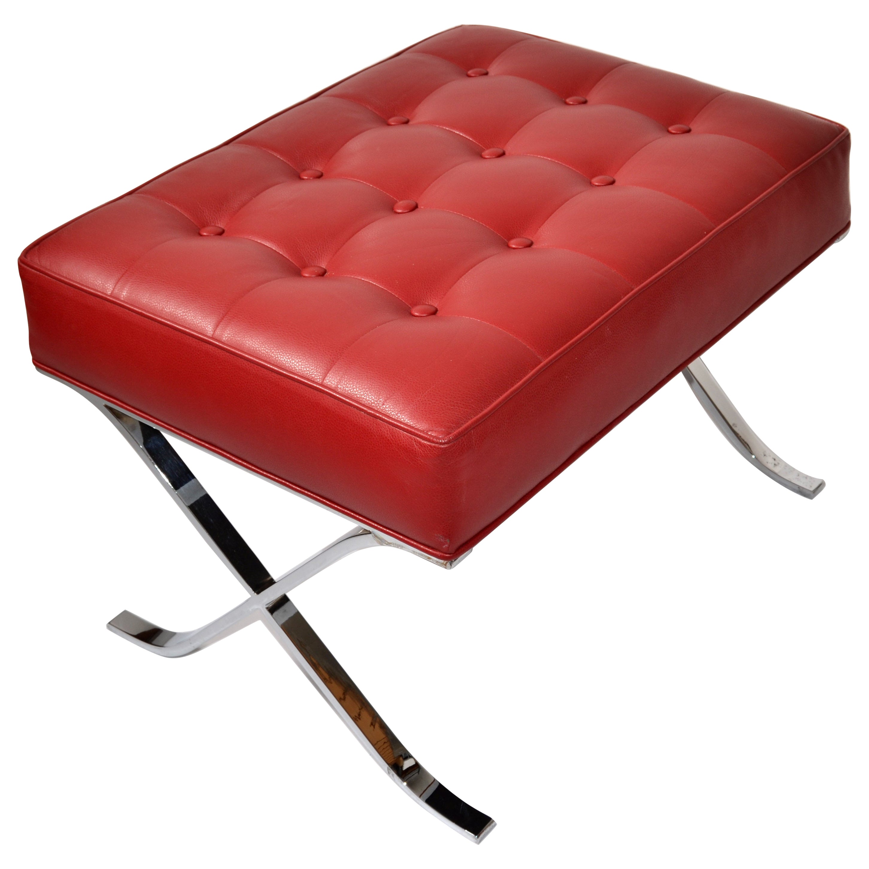 Mies Van Der Rohe Style Barcelona Chromed Steel Red Vinyl Ottoman Footstool 1980 For Sale