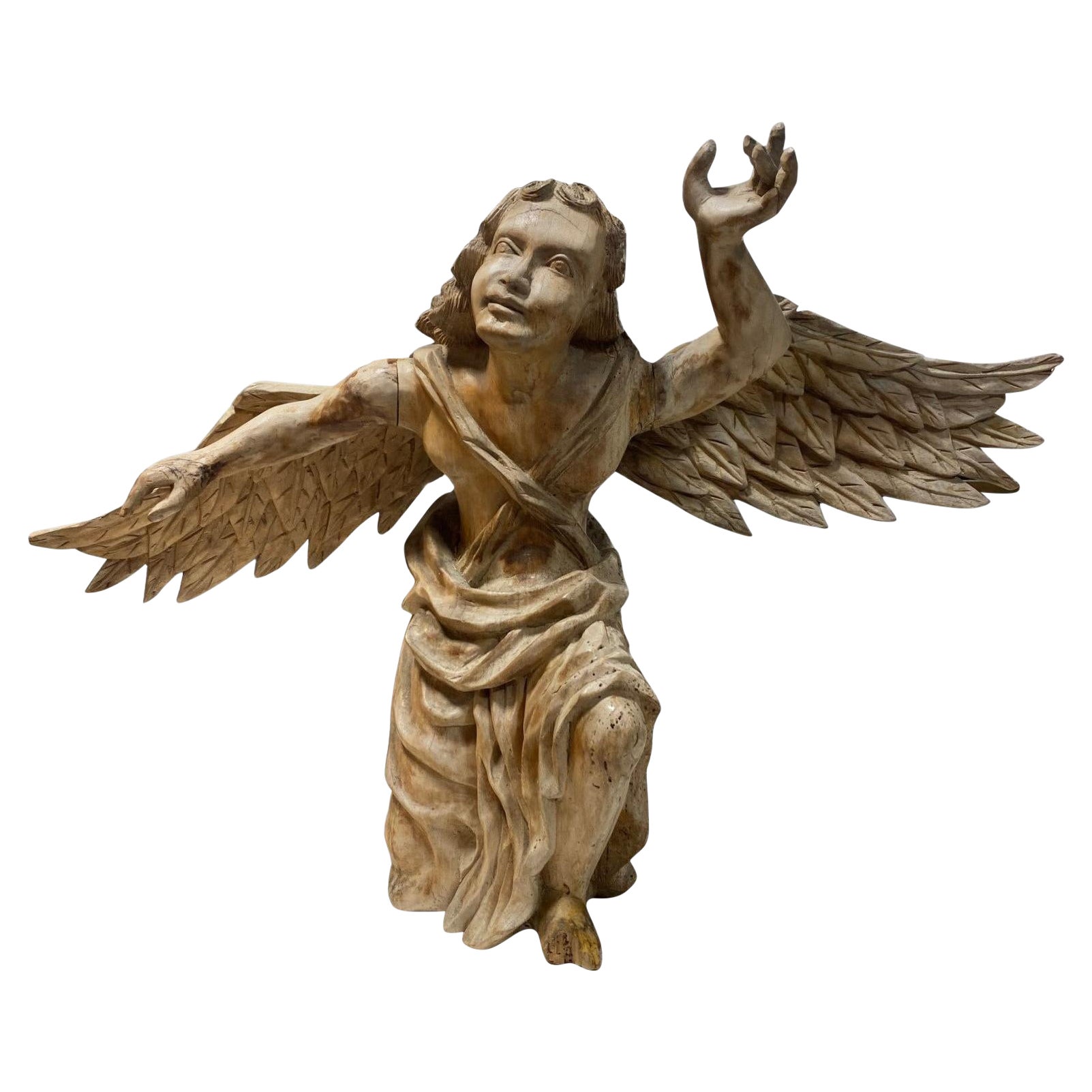 18th Century Continental Italian Baroque Wood Carved Kneeling Angel Sculpture For Sale