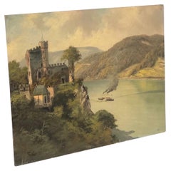 Peinture réaliste d'un château, forêt, bateau, tour de montagne et lac 