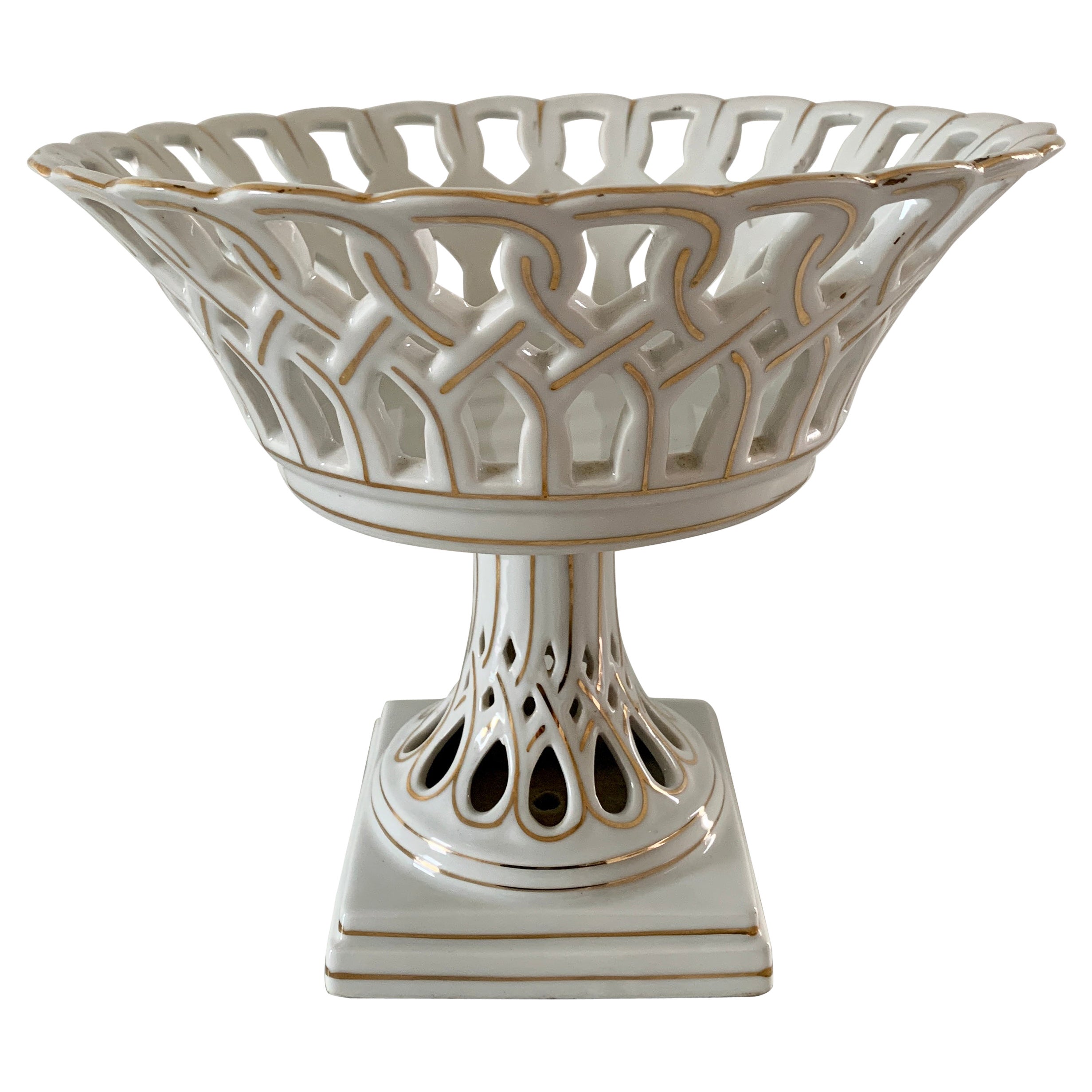 Reticulated White Porcelain and Gold Gilt Basket Compote For Sale