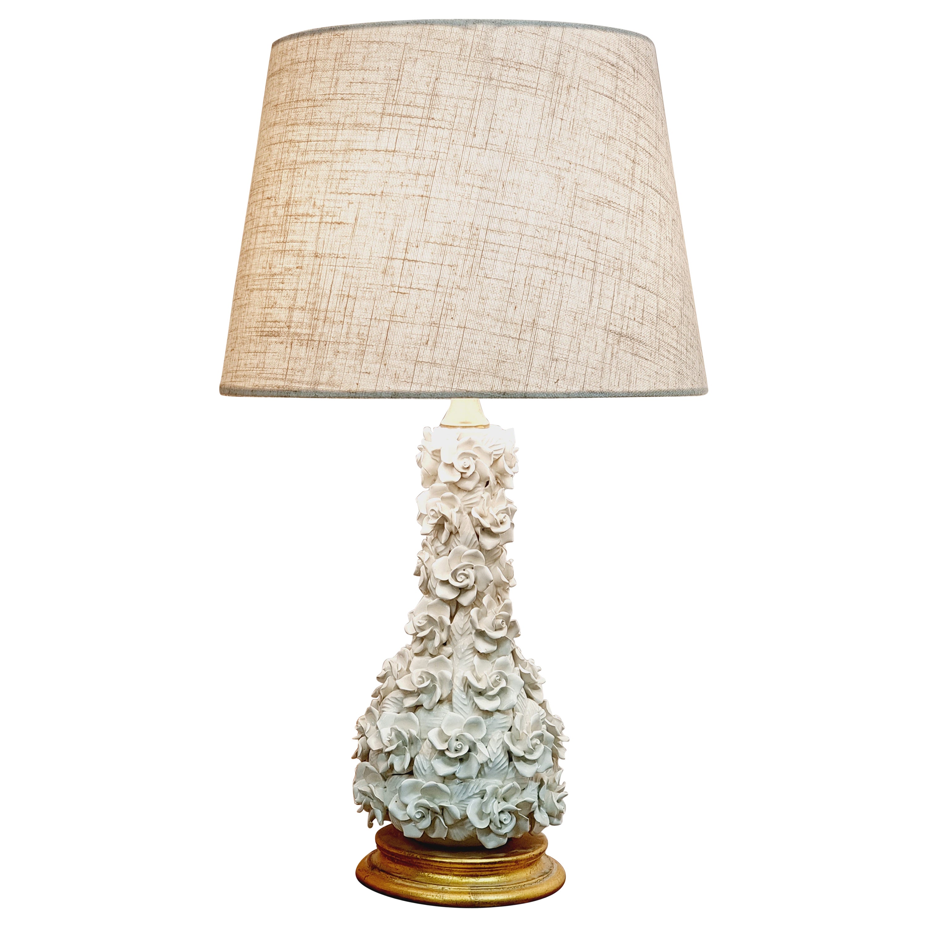Handmade Ceramic Table Lamp with Flower Decor, Midcentury / Hollywood Regency