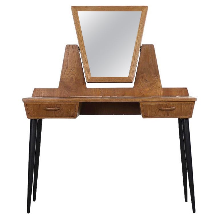 Vintage Mid-Century Modern Teak Dressing Table with Mirror&Hand Painted Tabletop For Sale