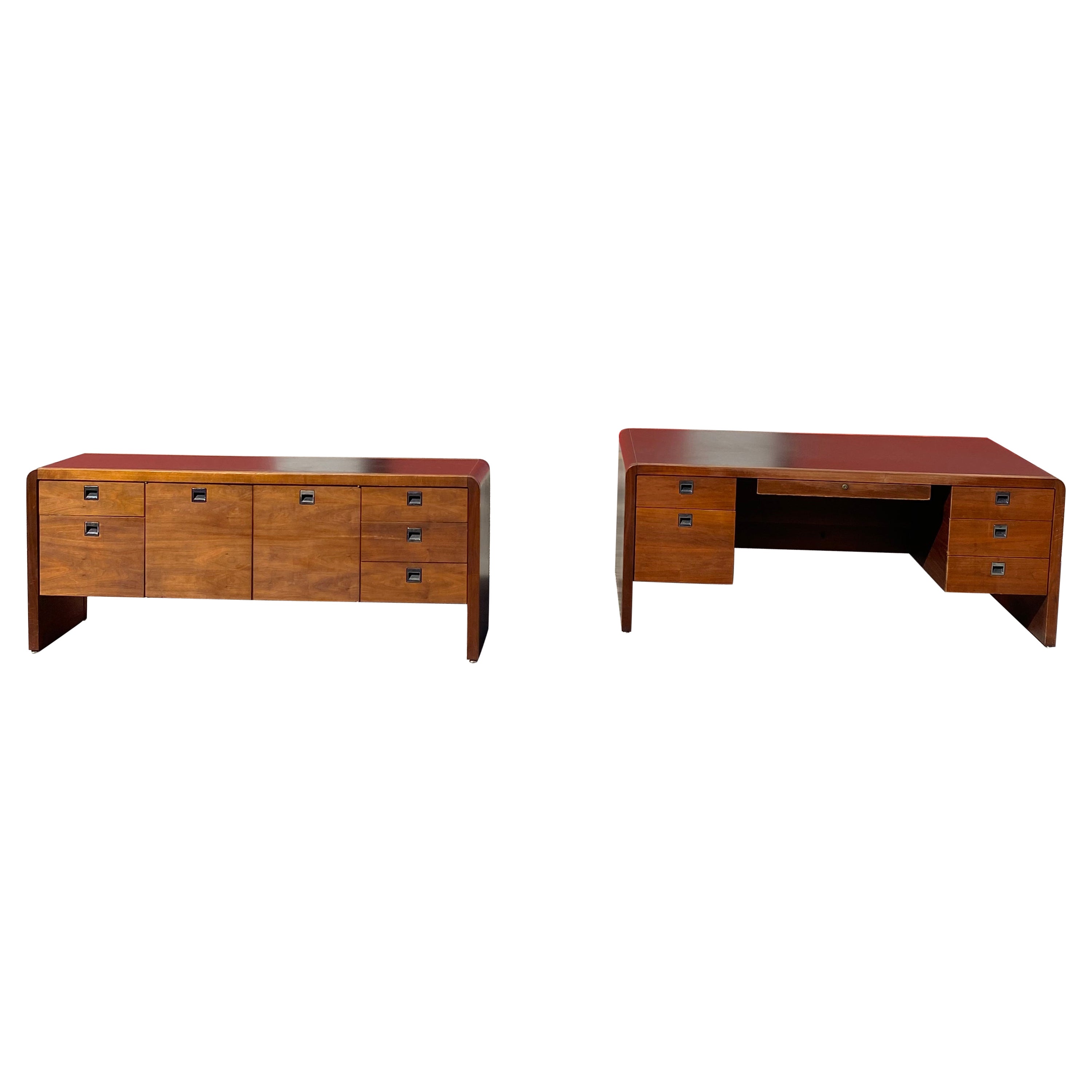 1970s Walnut Executive Campaign Waterfall Desk And Cabinet, Set of 2