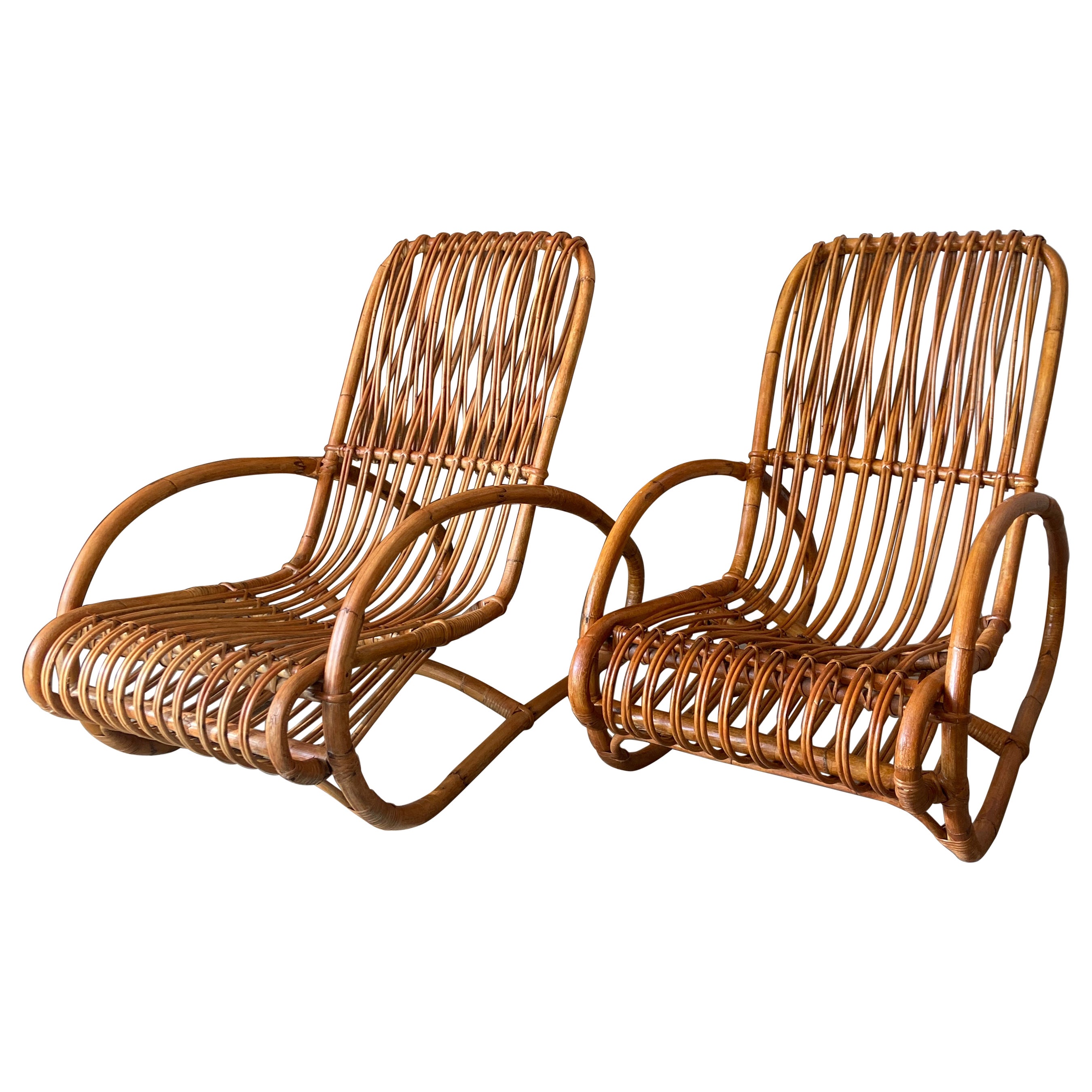 Mid-Century Modern Italian Pair of Bamboo and Rattan Lounge Chairs, 1960s