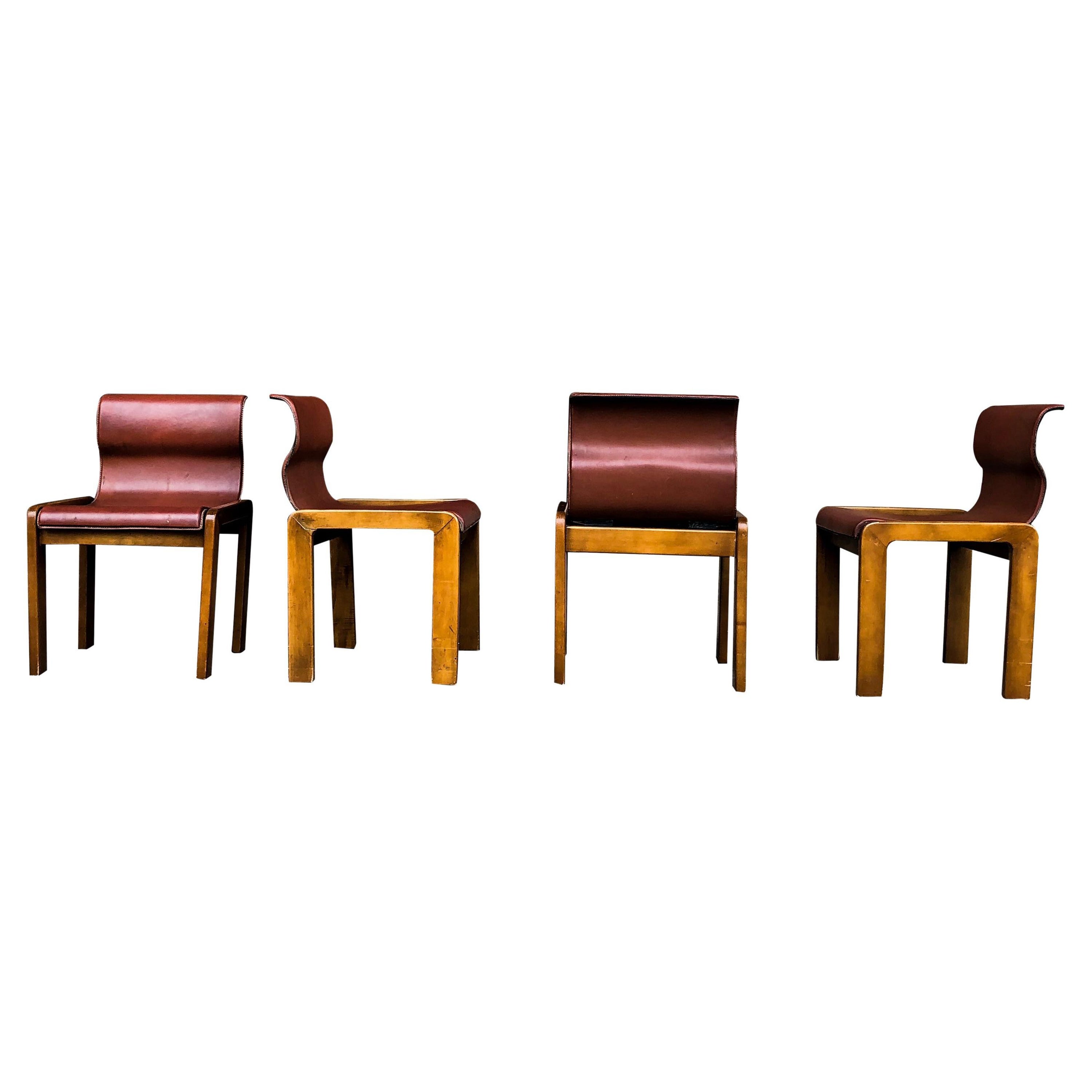 Afra & Tobia Scarpa Midcentury Leather and Plywood Dining Chair, 1966, Set of 4