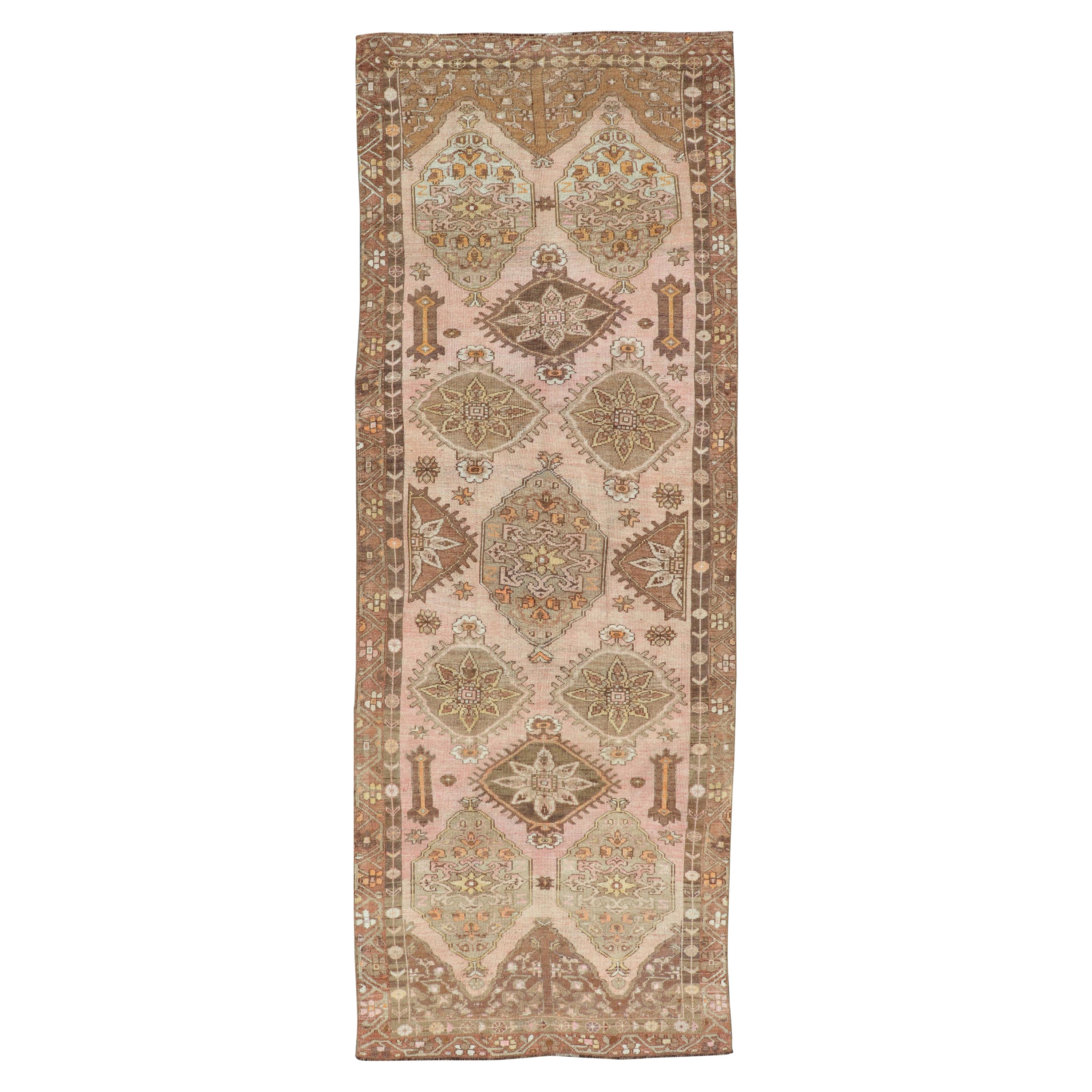 Colorful Hand Knotted Turkish Kars Galley Rug in Wool with Medallion Design For Sale