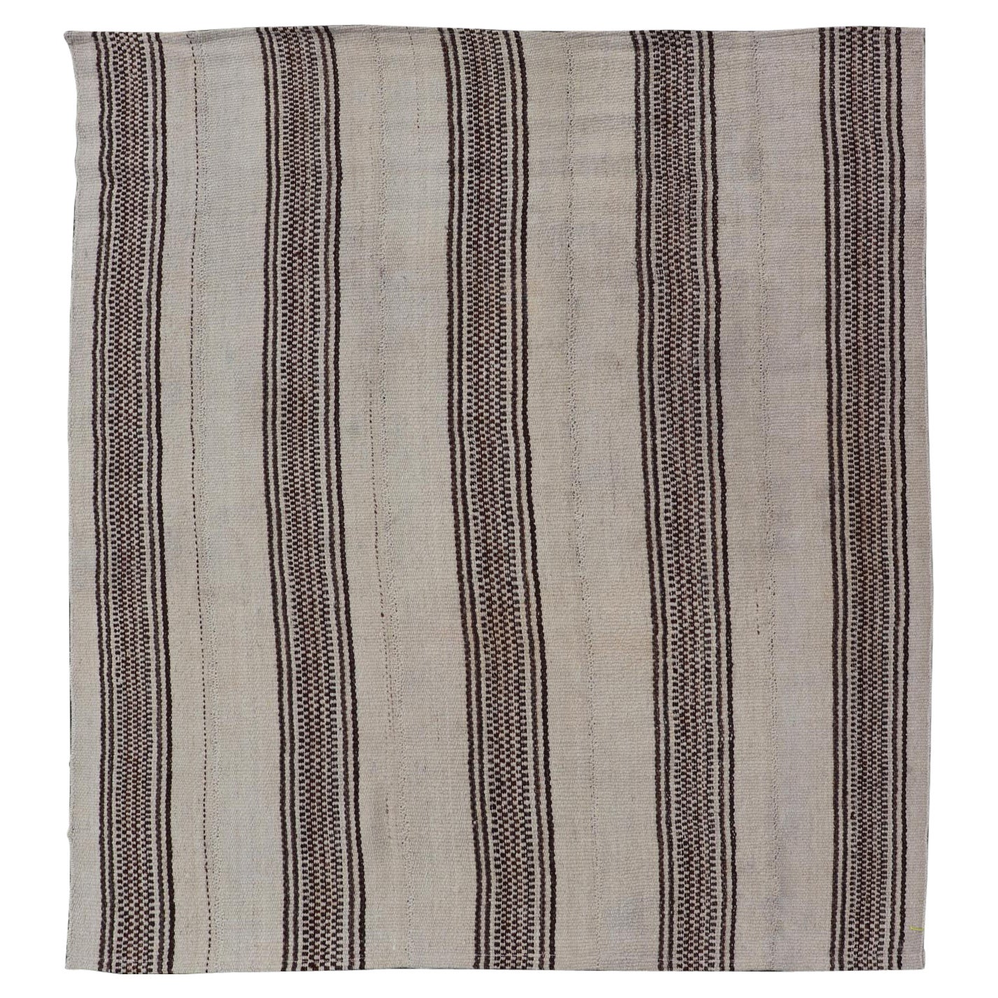 Stripe Design Turkish Vintage Flat-Weave Rug in Brown and Ivory  For Sale