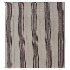 Stripe Design Turkish Vintage Flat-Weave Rug in Brown and Ivory 