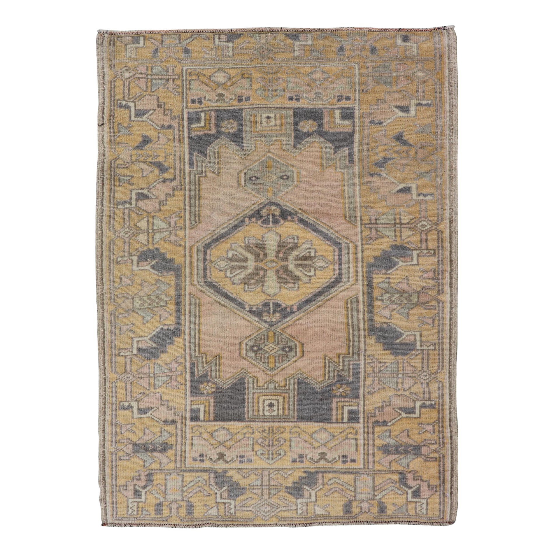 Vintage Oushak Rug from Turkey with Medallion Design in Yellow, Pink, Grey Blue For Sale