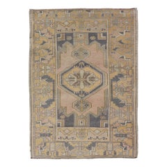Retro Oushak Rug from Turkey with Medallion Design in Yellow, Pink, Grey Blue