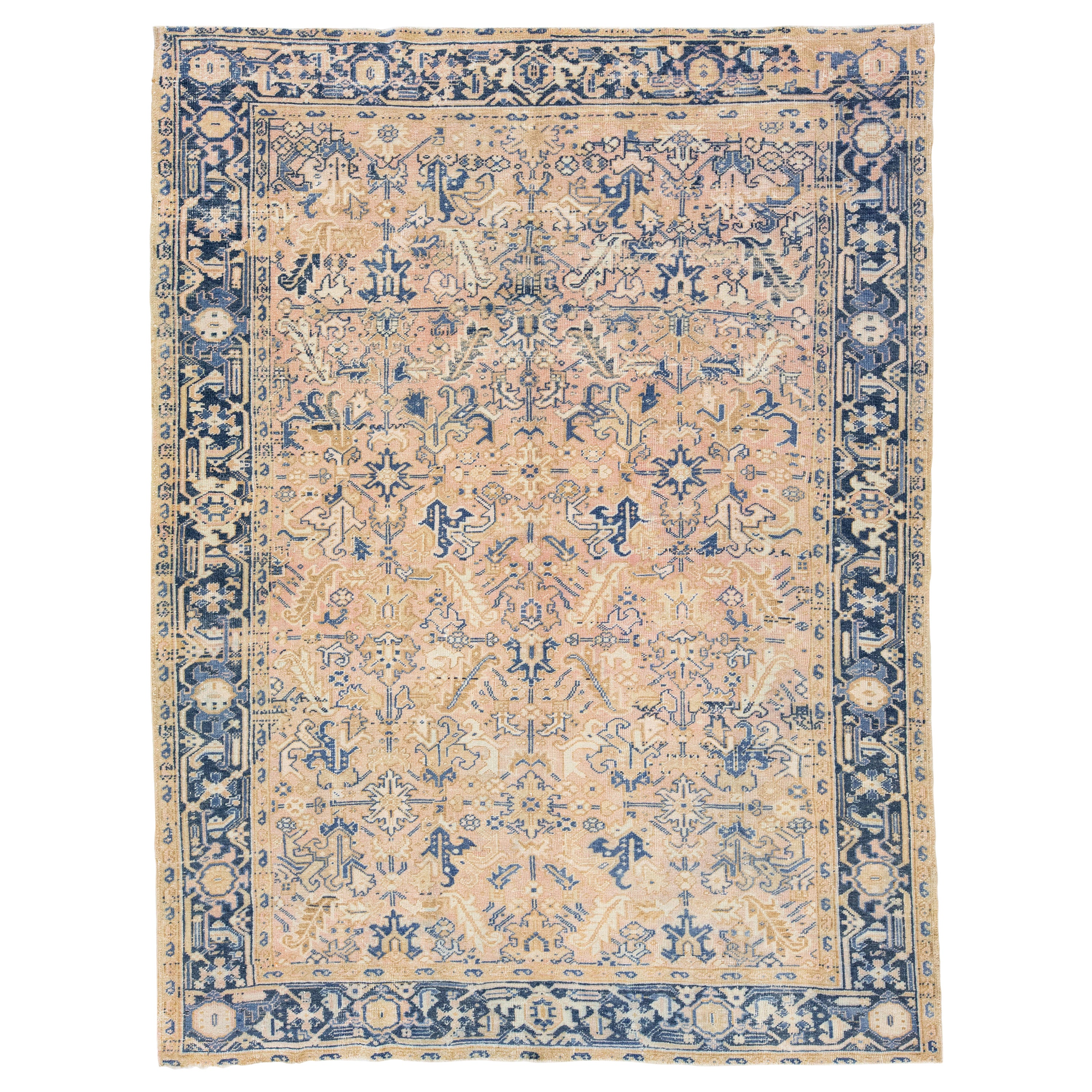 Allover Persian Antique Heriz Peach Wool Rug For Sale