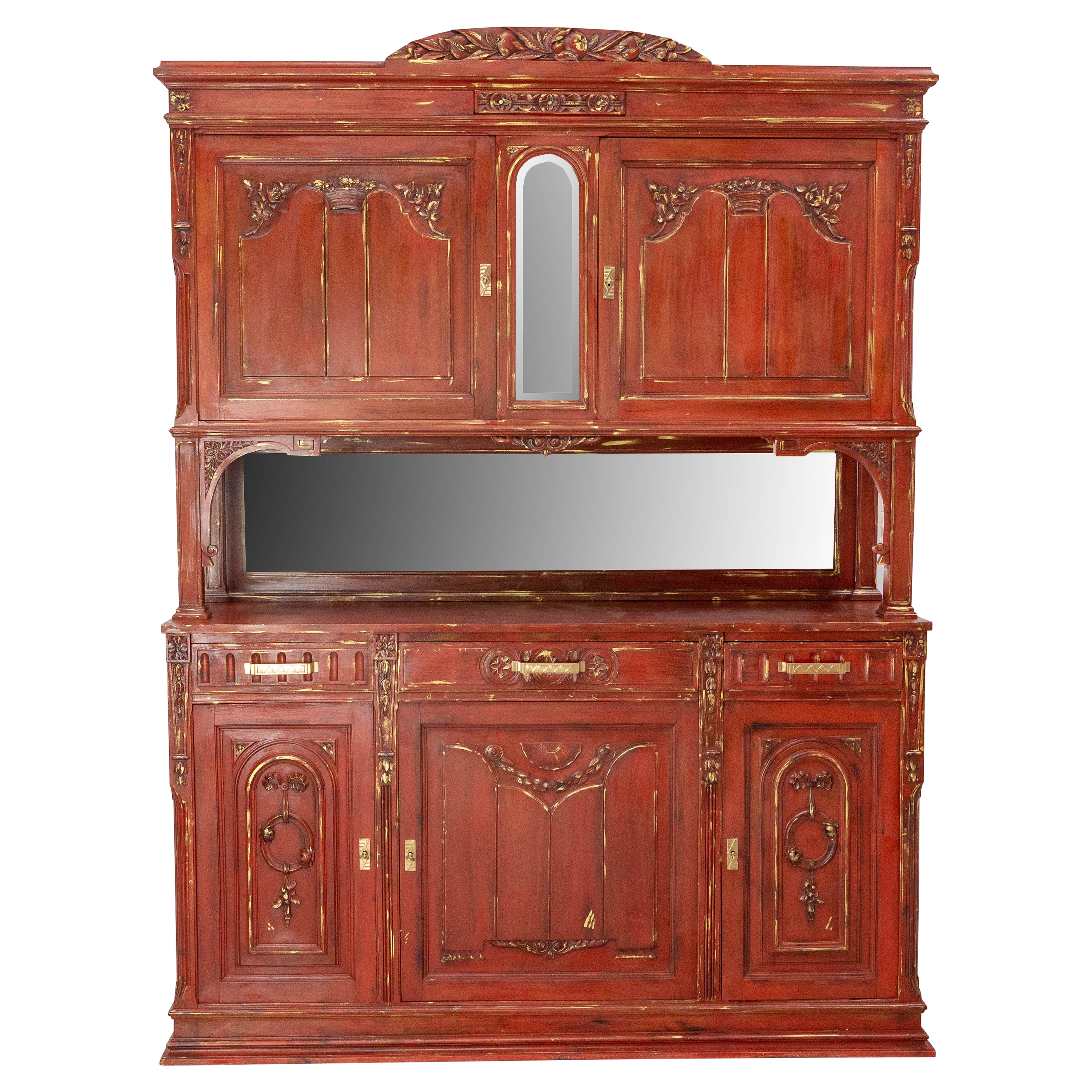 Französischer Deux Corps-Buffetschrank aus Nussbaumholz, rot und gold patiniert, um 1920