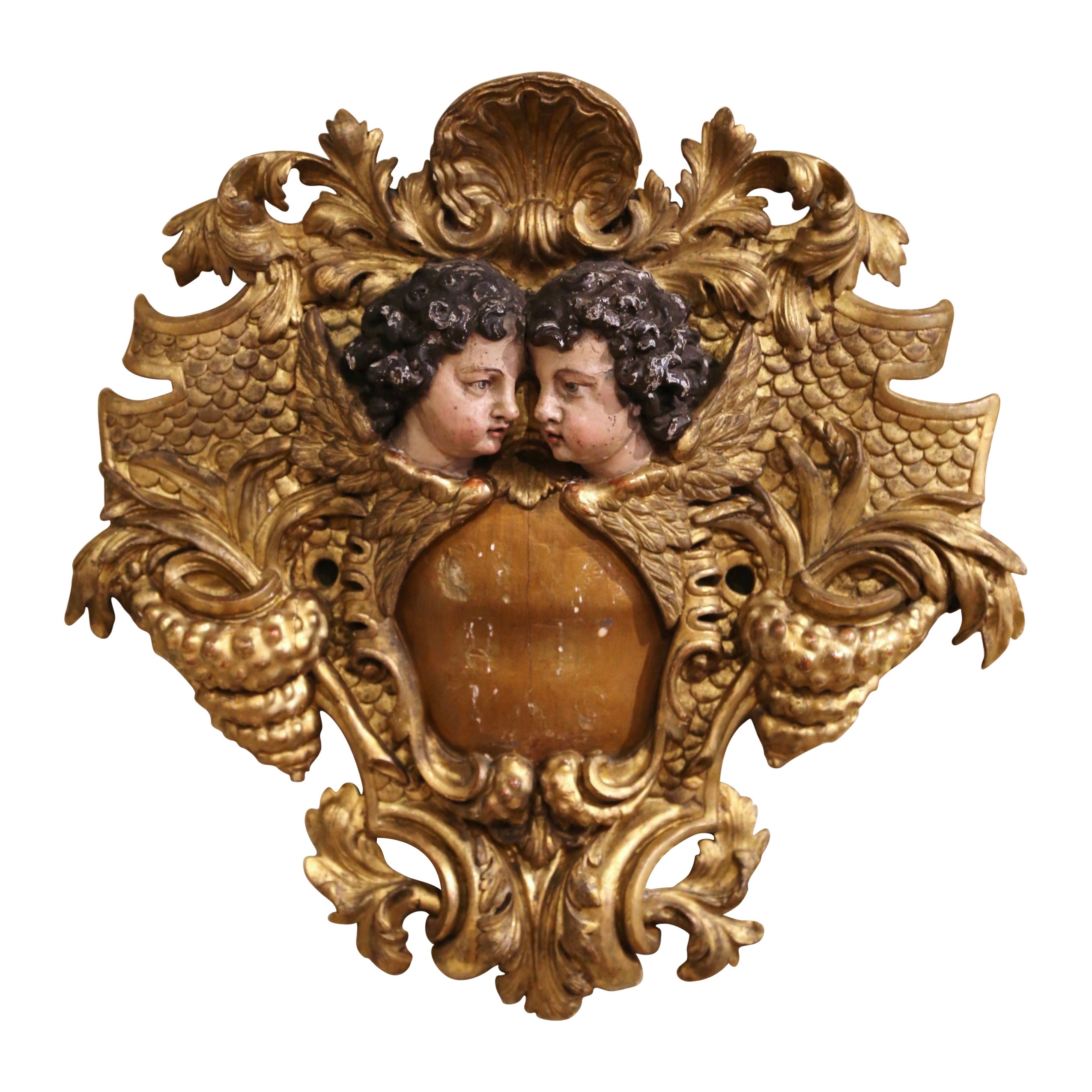 18th Century Italian Carved Giltwood and Polychrome Wall Sculpture with Cherubs