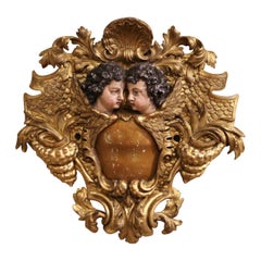 Antique 18th Century Italian Carved Giltwood and Polychrome Wall Sculpture with Cherubs