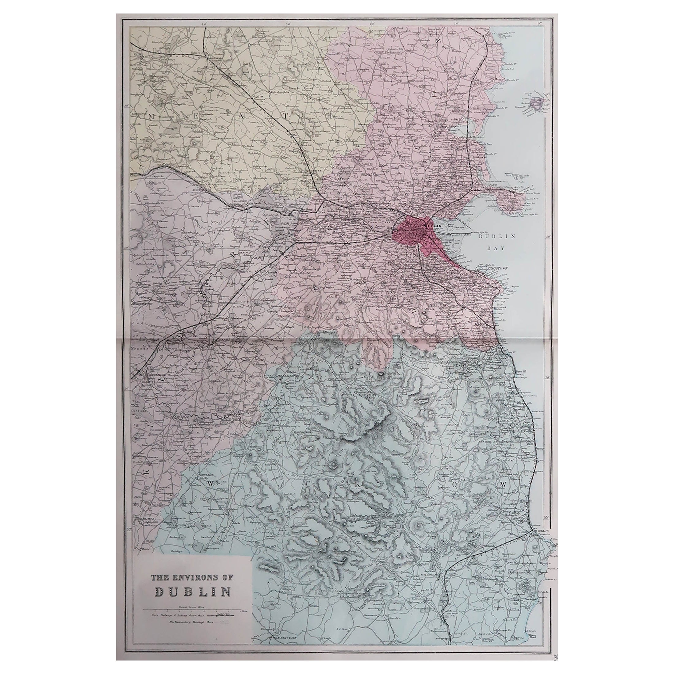 Large Original Antique Map of The Environs of Dublin, Ireland, circa 1880