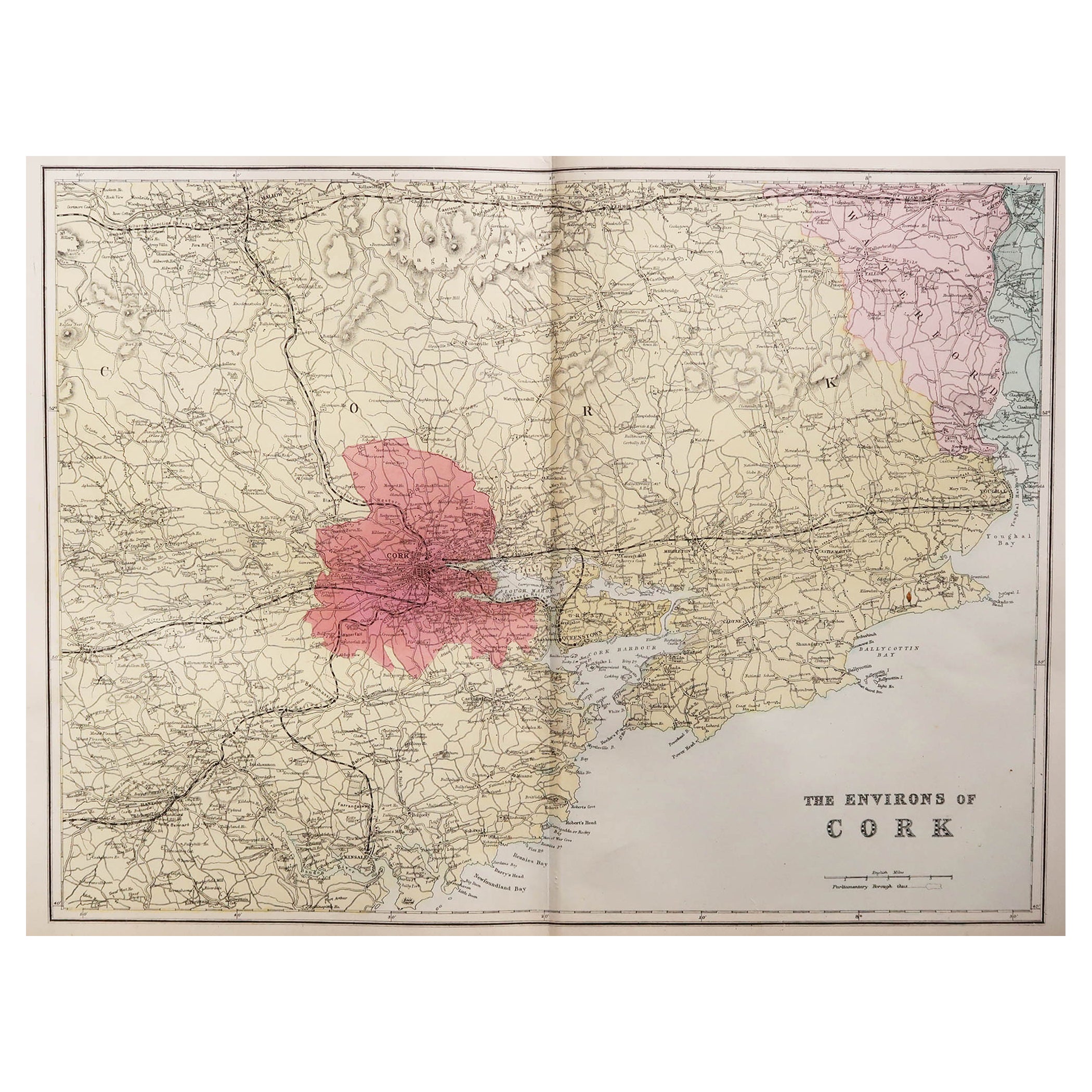 Grande carte ancienne d'origine des vignobles de Cornouailles, Irlande, vers 1880