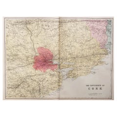 Large Original Antique Map of the Environs of Cork, Ireland, circa 1880