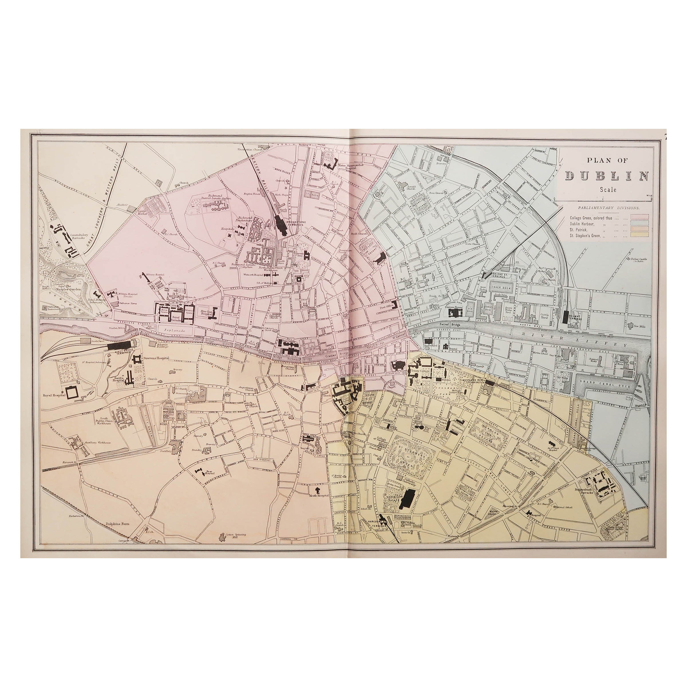 Large Original Antique City Plan of Dublin, Ireland, circa 1880 For Sale