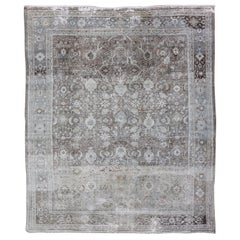 Ivory and Brown Antique Persian Mahal Rug with Floral Medallion Design