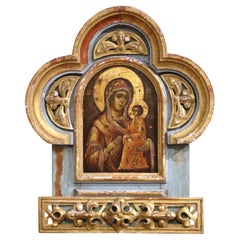 Italienische geschnitzte Wandskulptur aus vergoldetem Holz mit „Mutter und Kind“-Ikone aus dem 18. Jahrhundert