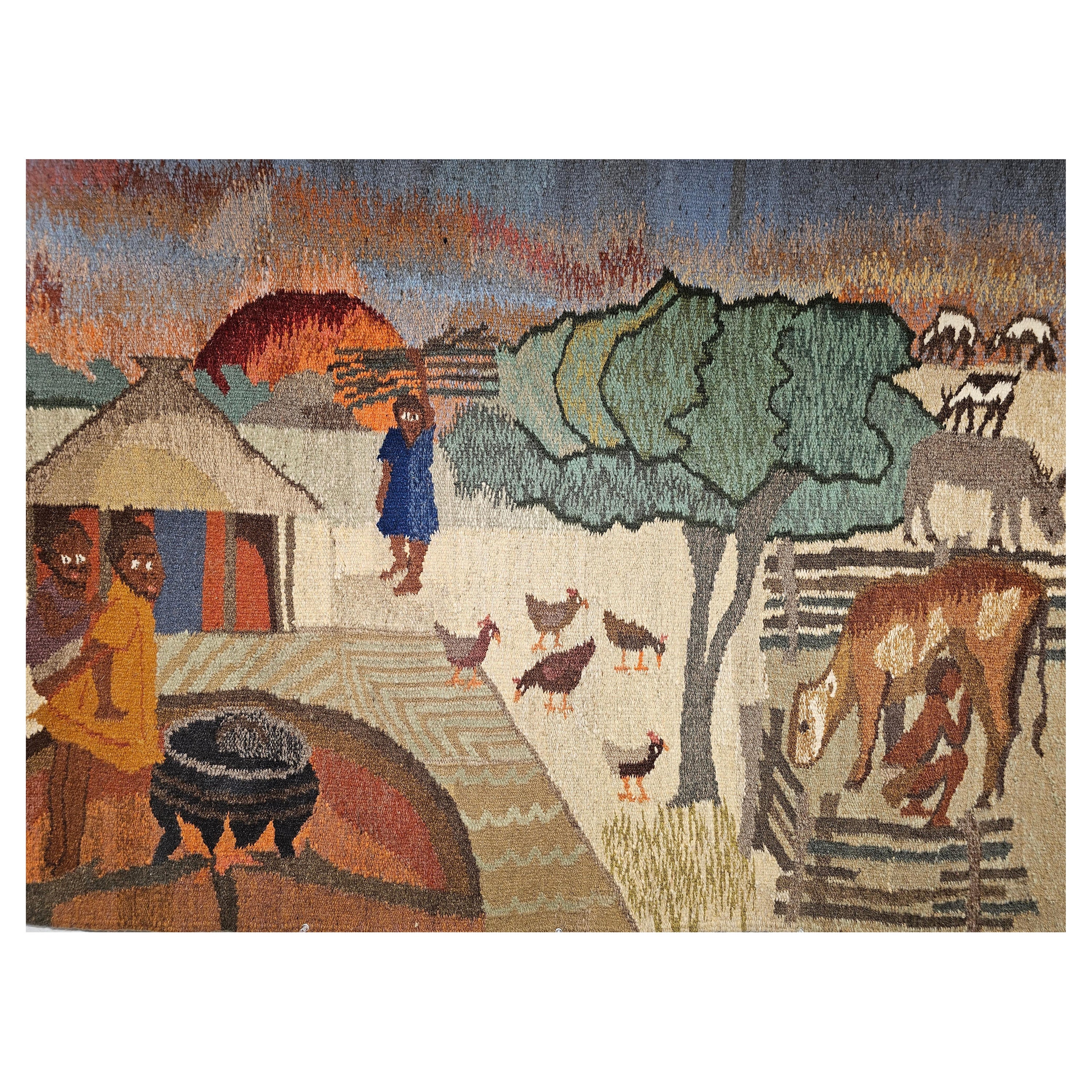 Vintage Hand Woven African Tapestry Depicting Life Scenes Around a Village