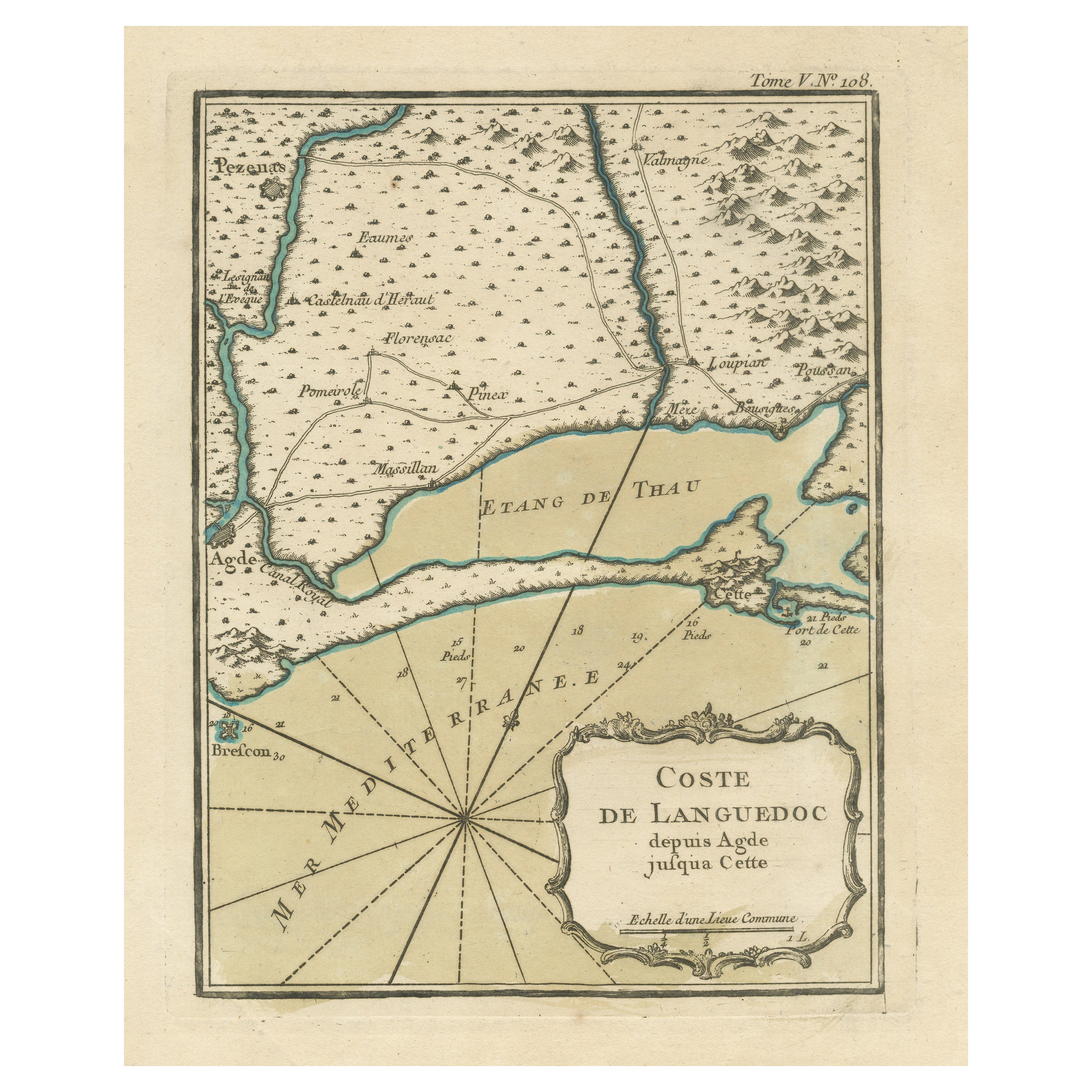 Antike Karte der Küste des Languedoc zwischen Agde und Sète (Cette), Frankreich