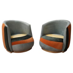 MidCentury Round Green Orange and Creme Color ArmChair, 1980