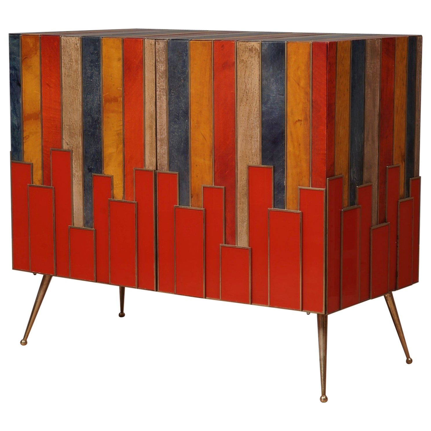 MidCentury Multicolor Goatskin Brass and Red Glass Sideboard, 1980 For Sale