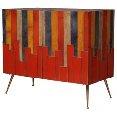 Retro MidCentury Multicolor Goatskin Brass and Red Glass Sideboard, 1980