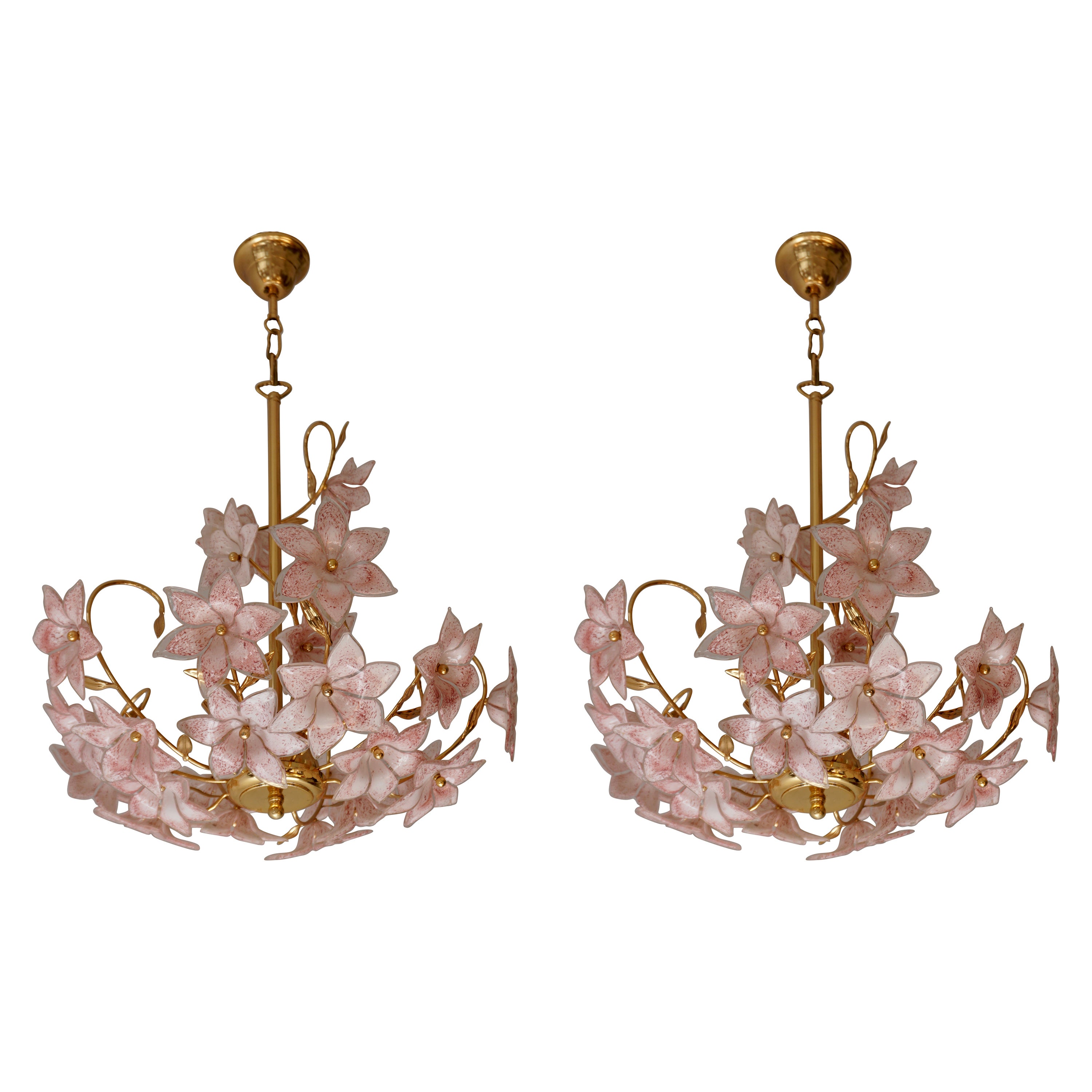 Set of 2 Italian Brass Chandeliers with White Pink Colored Murano Glass Flowers