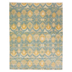 Blue Contemporary Transitional Handmade Wool Rug with Geometric Pattern