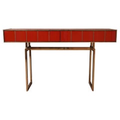 MidCentury Square Red Color Glass and Brass Console Table, 1980