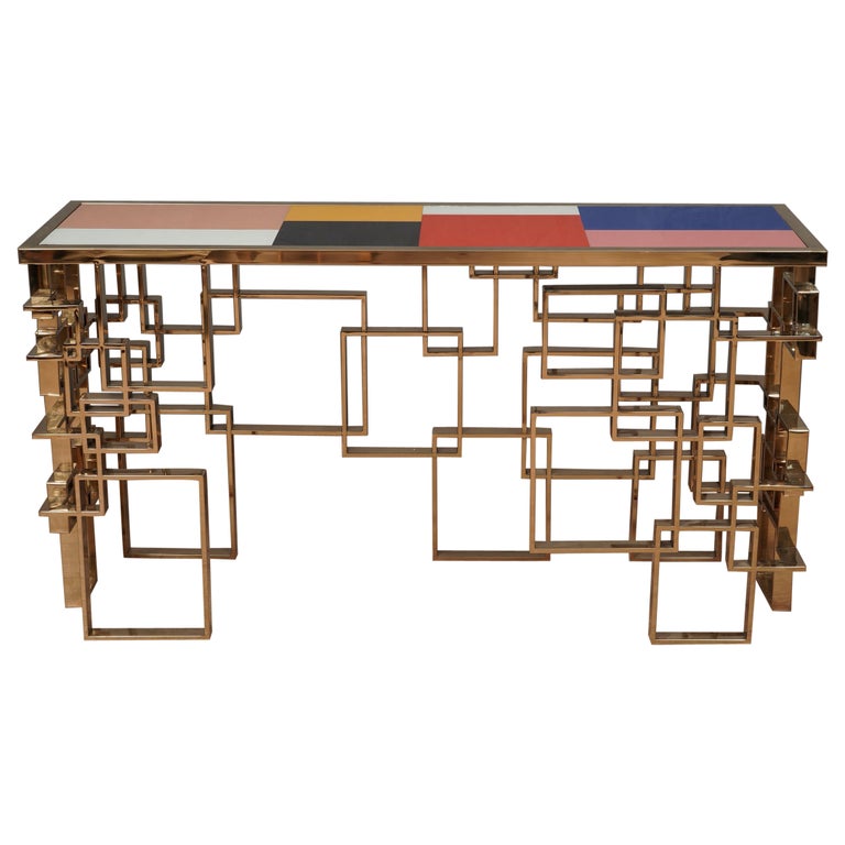 MidCentury art Glass and Brass Console Table, 1980 For Sale at 1stDibs