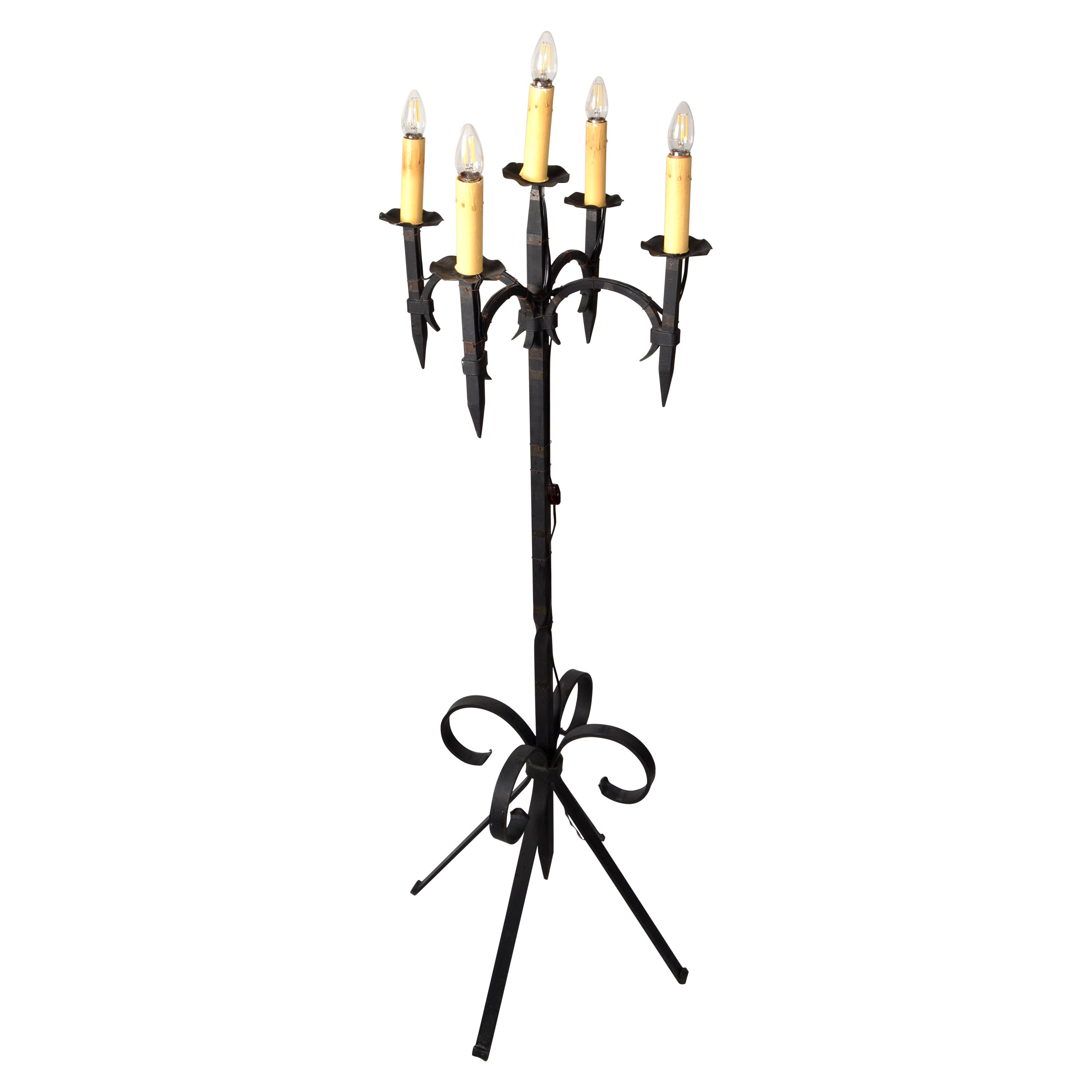 Early 20th Century French Forged Wrought Iron 5 Light Candelabra Floor Lamp For Sale