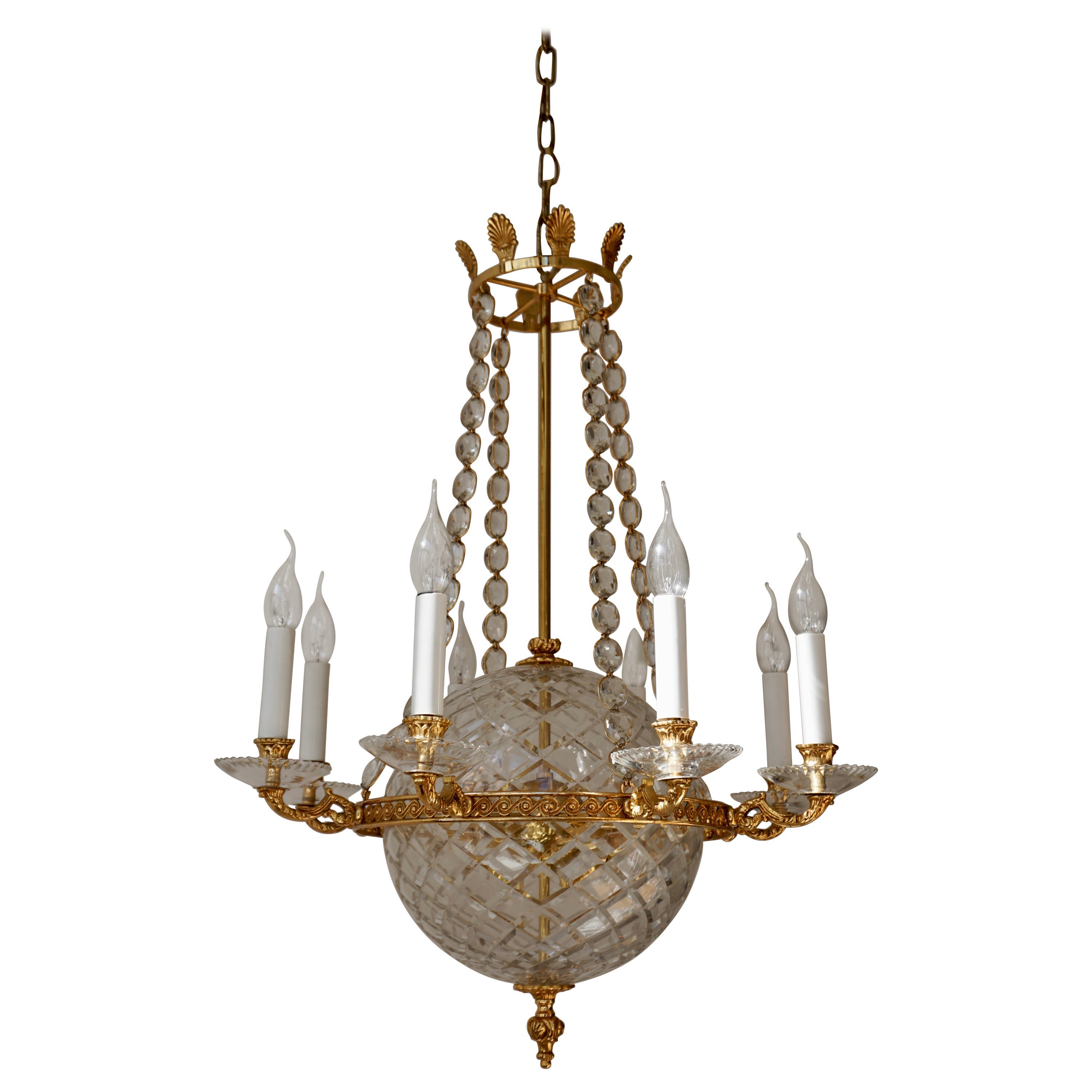  Crystal Glass Globe and Brass Chandelier For Sale