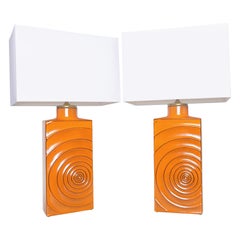 Retro Pair of 1970s Orange Earthenware Modern Table Lamps