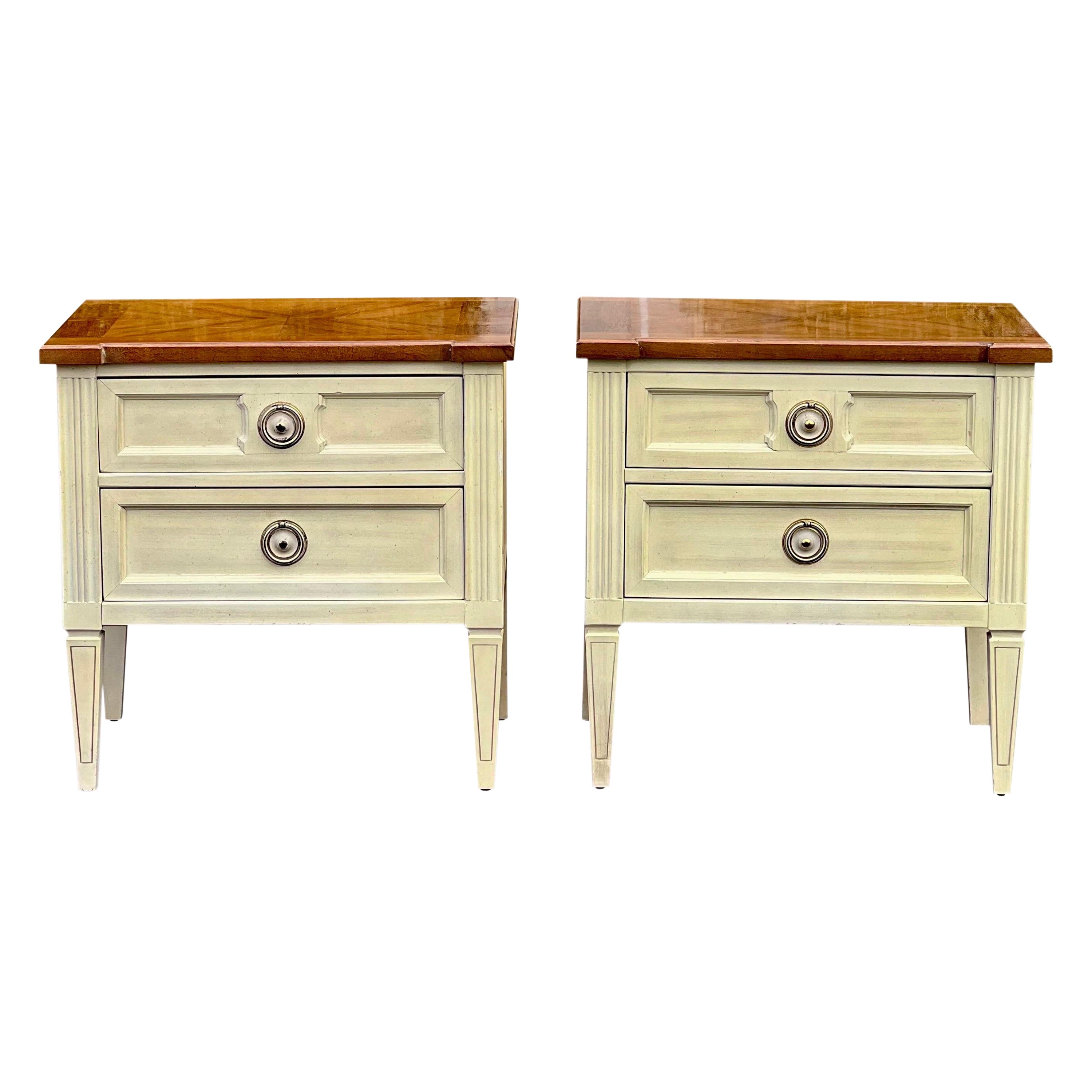 American of Martinsville Parquet Top White Nightstands, a Pair For Sale