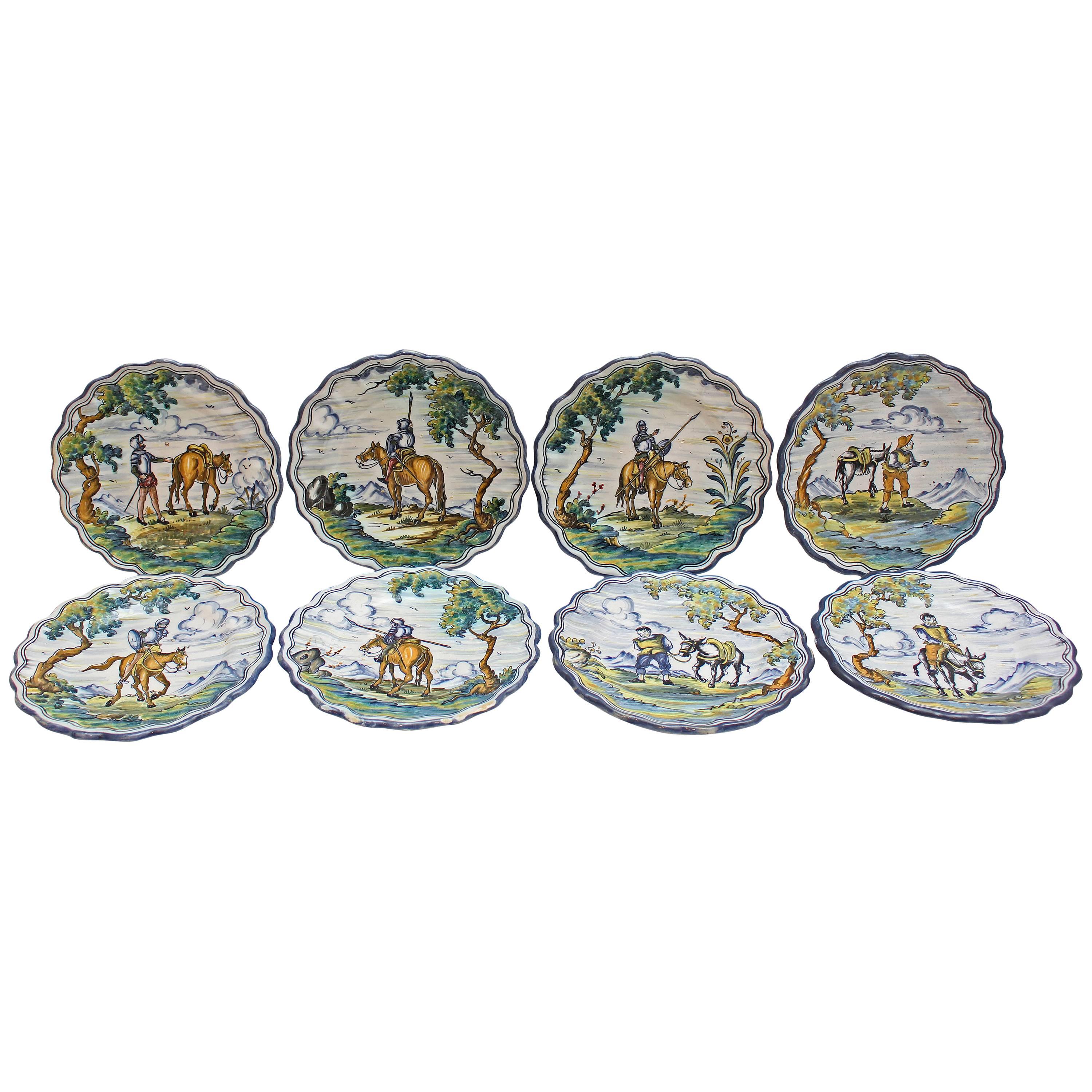 Eight Talavera Majolica Plates Depicting Don Quixote and Sancho Panza