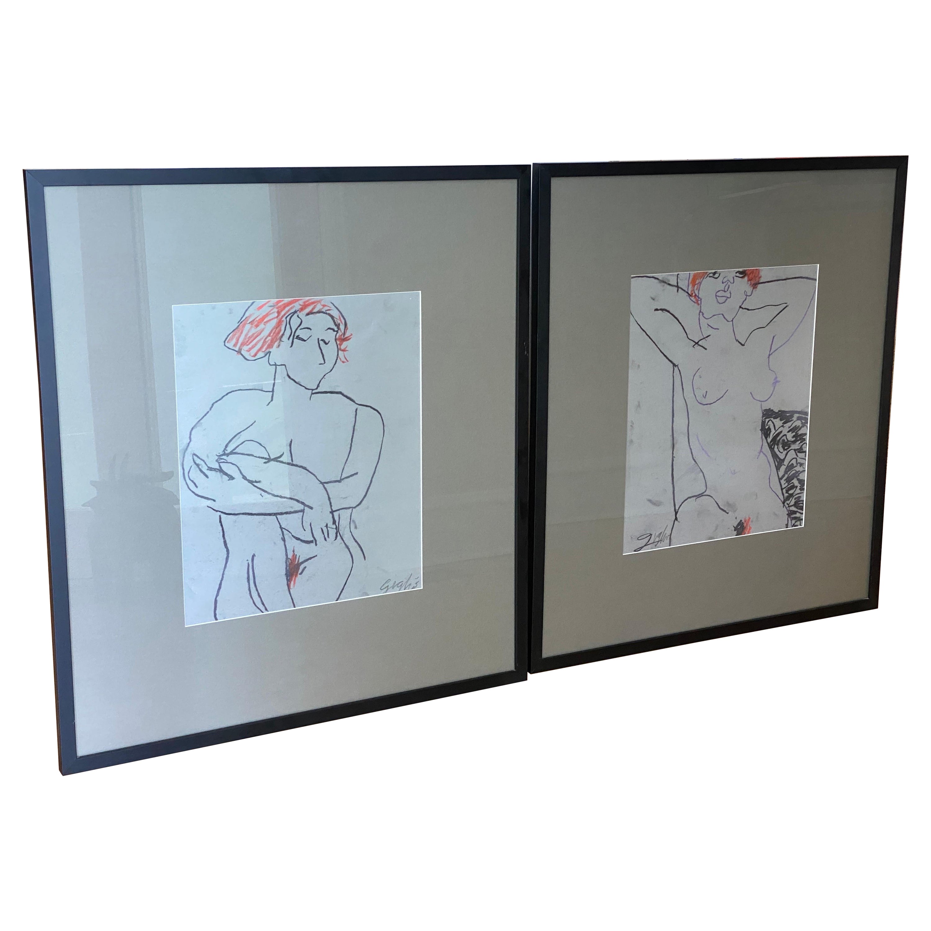 Pair of Nude Studies, Crayon on Paper, Richard Giglio For Sale