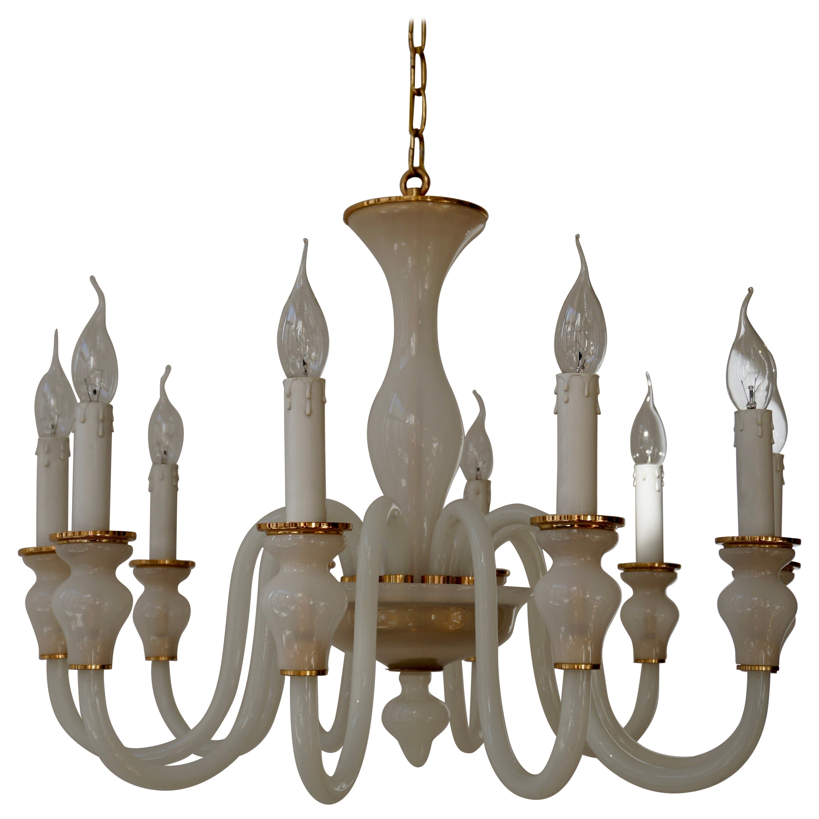 Italian Modern Hand Blown White and Gold Murano Glass Chandeliers For Sale