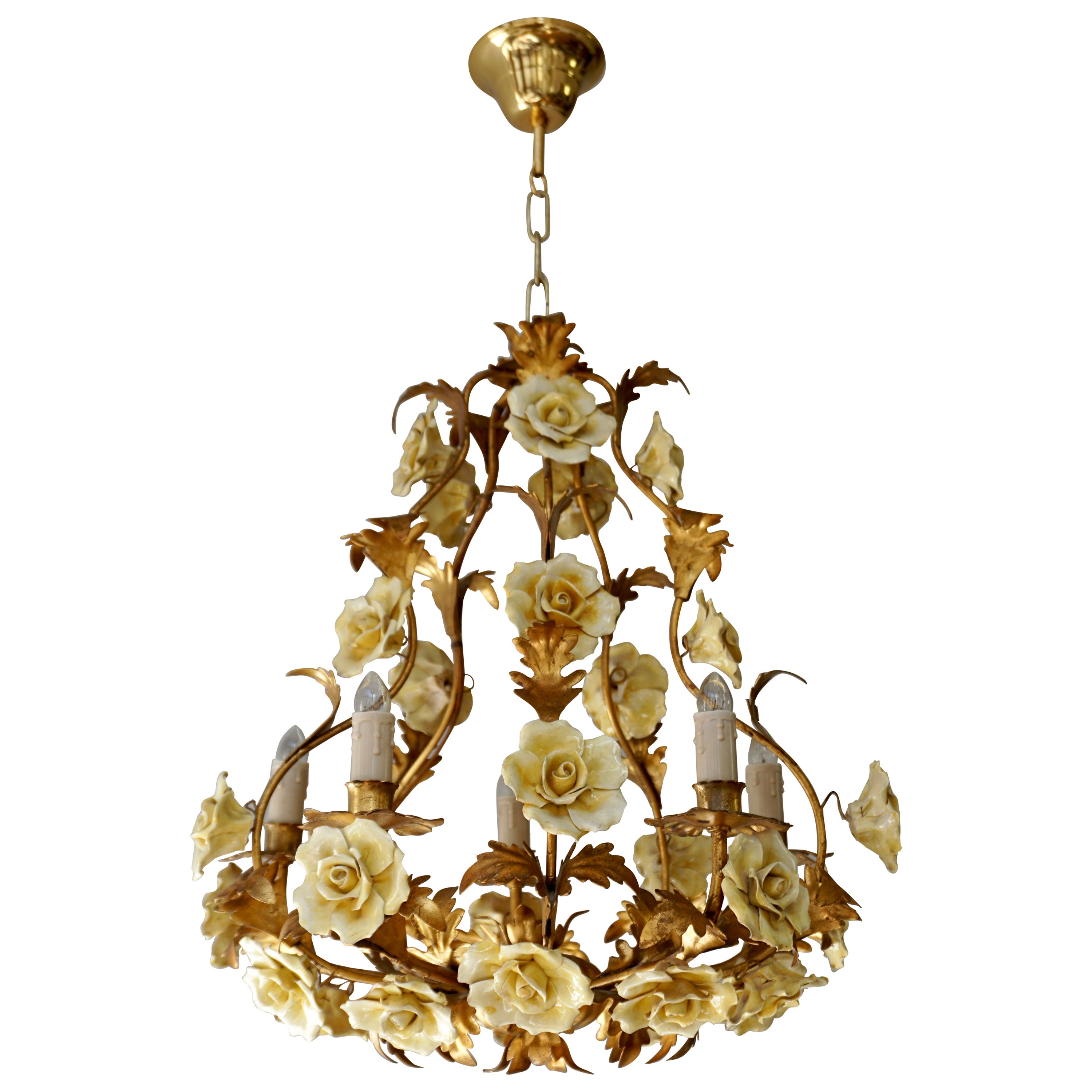 Italian Brass Tole Chandelier with Yellow Porcelain Flowers For Sale