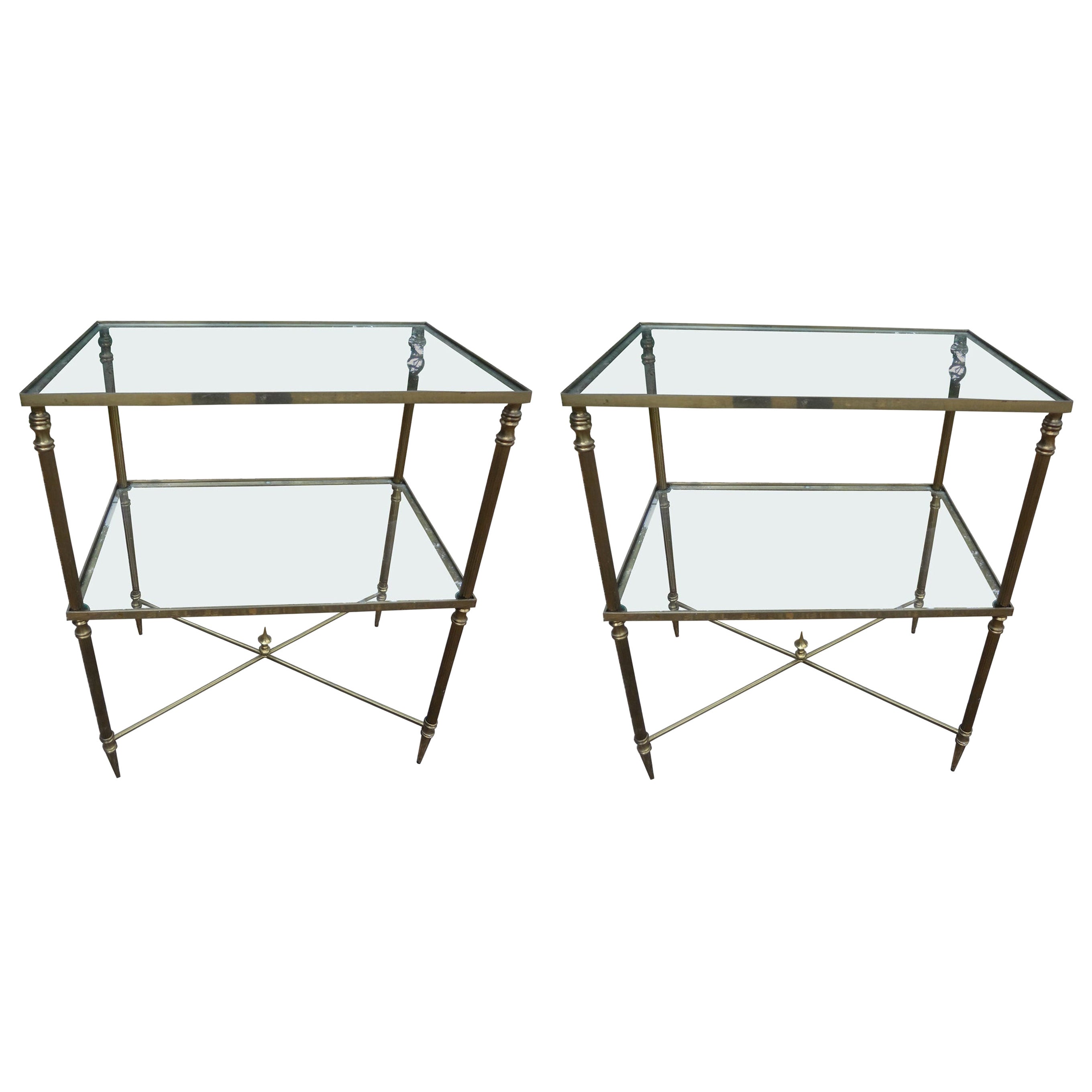 Paar französische Tische im Louis-XVI-Stil aus Messing und Glas