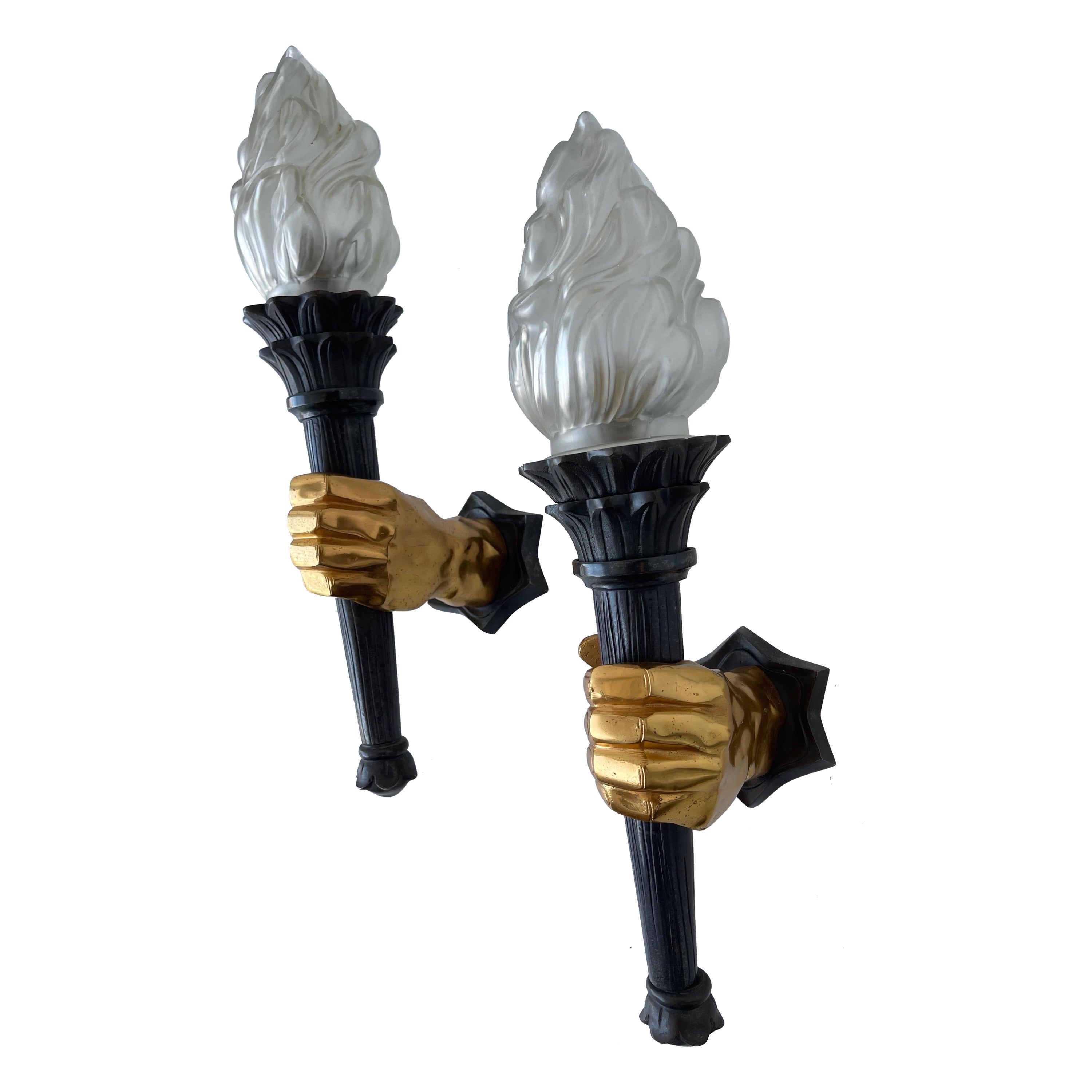 Pair of French 1960s 2 Patina Bronze Hand Sconces, 3 Pairs Available