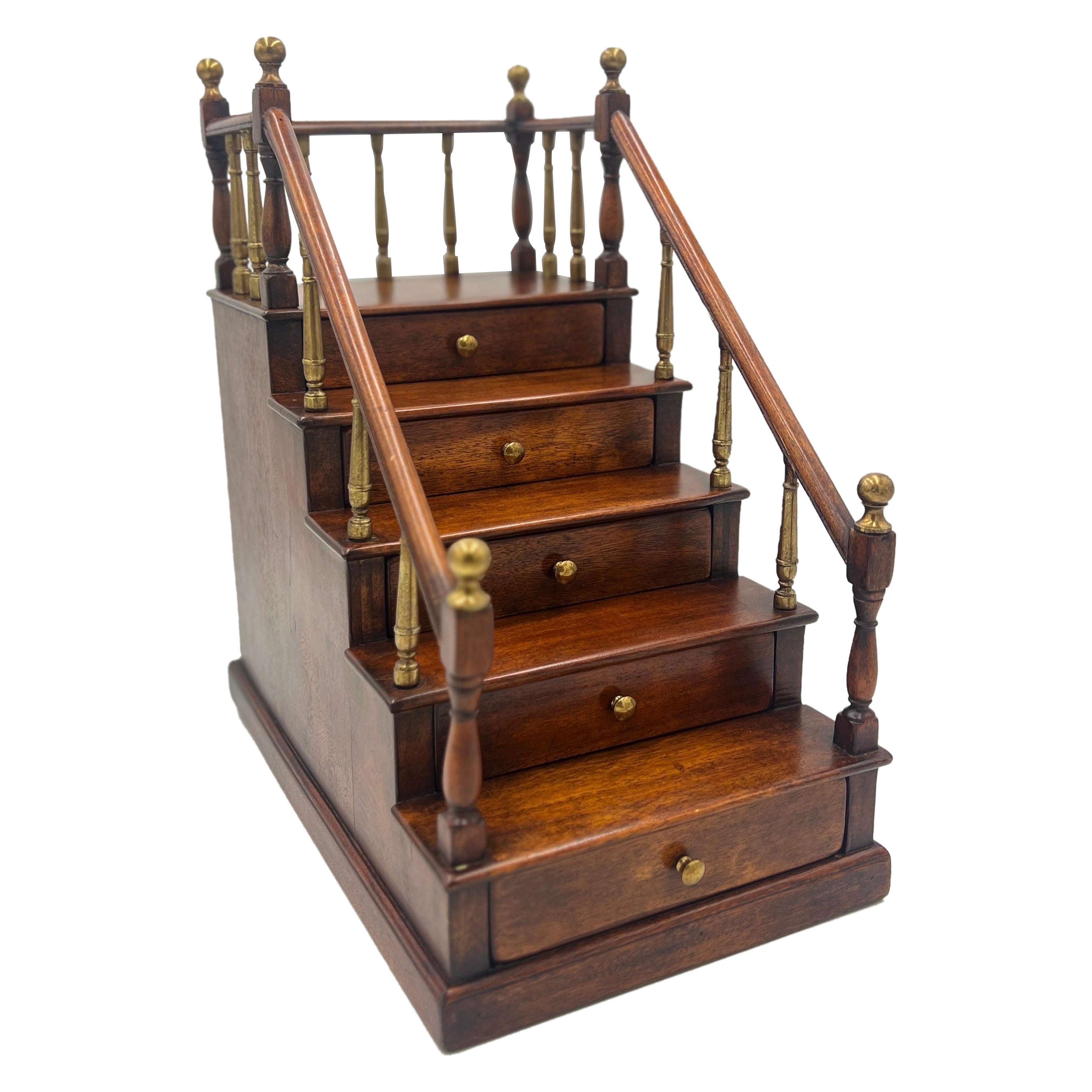 Antique Edwardian Mahogany Staircase Model with Brass Finial Newel Posts For Sale