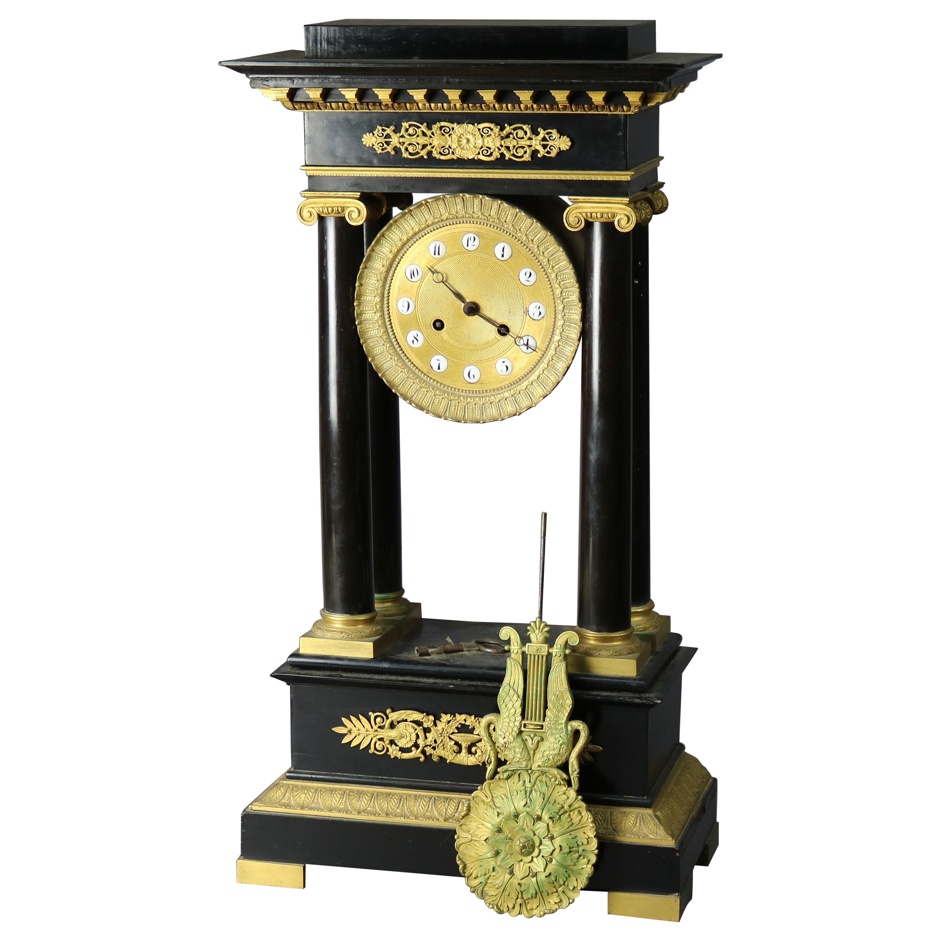 Antique French Empire Ebonized & Gilt Portico Mantel Clock, circa 1820 For Sale